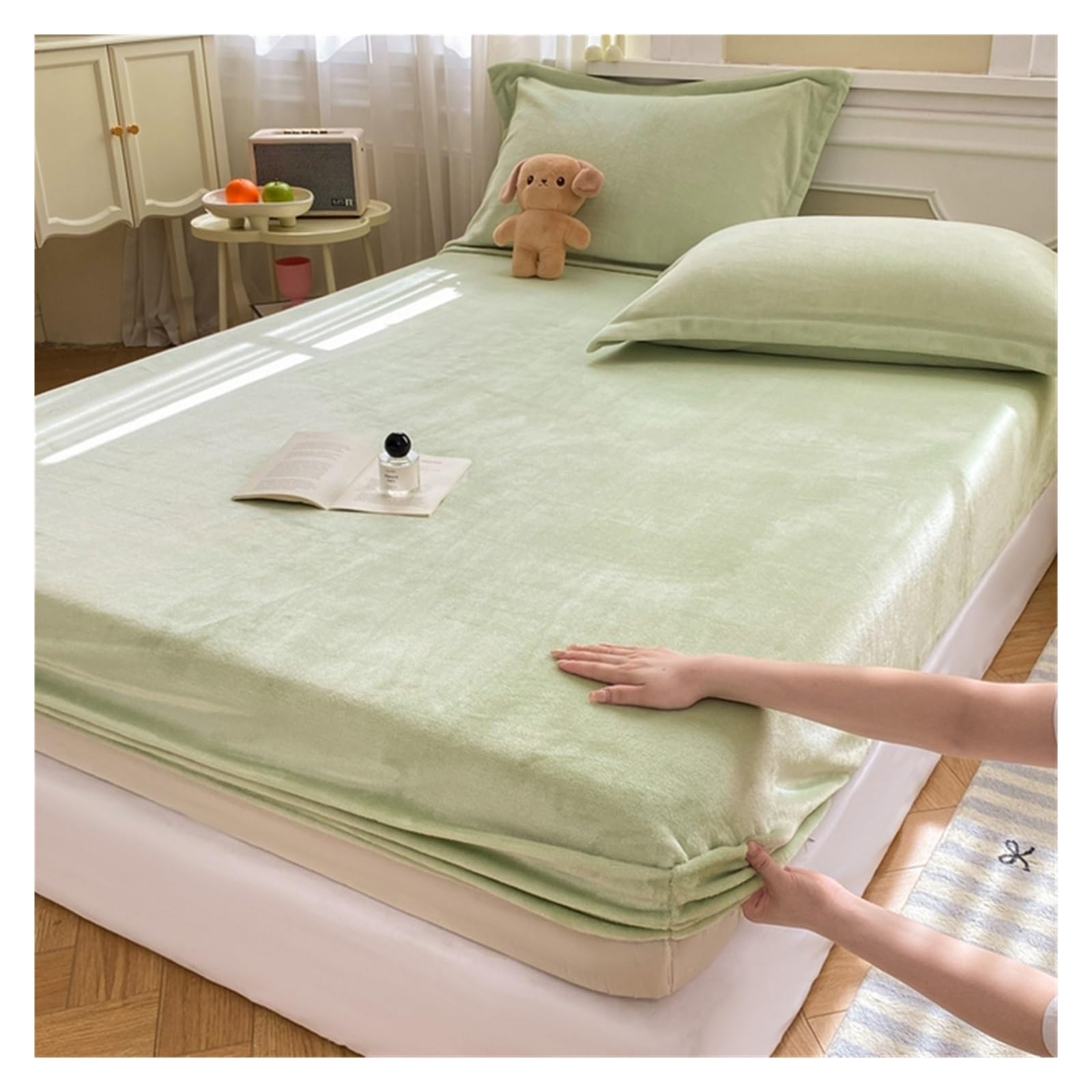 Drap-housse en flanelle de velours vert 120x200 pour matelas d'hiver chaud