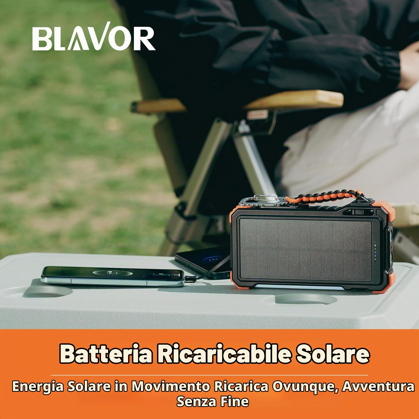 Caricabatterie Solare 20000mAh, 20W Ricarica Rapida Batteria Esterna Portatile USB C Impermeabile Power Bank con Cavi Incorporati, Luce da Campeggio, Torcia, Ricarica Wireless per Apple Watch