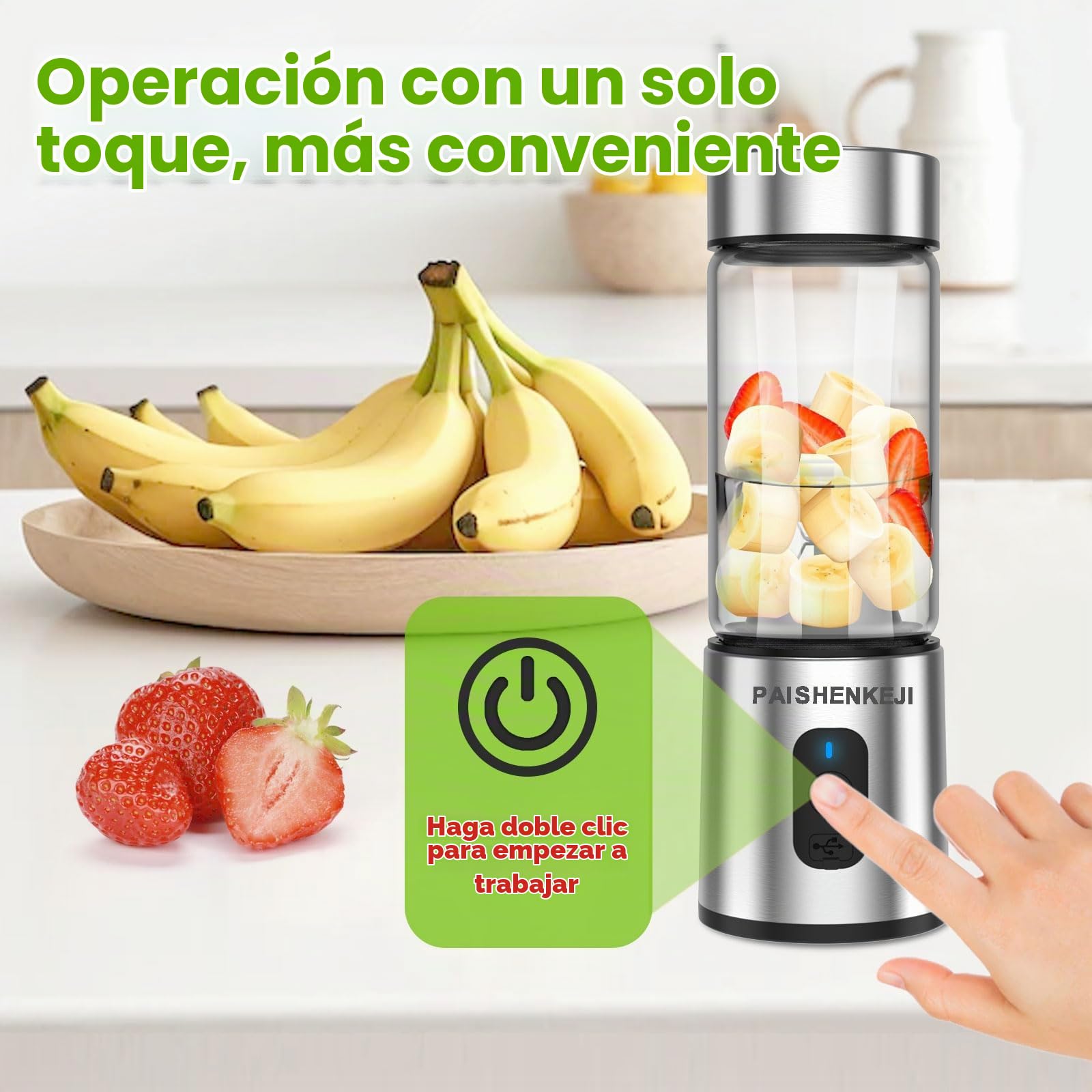 Batidora portátil de cristal para batidos y licuados: Batidora personal para triturar hielo y fruta congelada, mini exprimidor de 400 ml ideal para batidos, licuados y zumos, Smoothie Maker