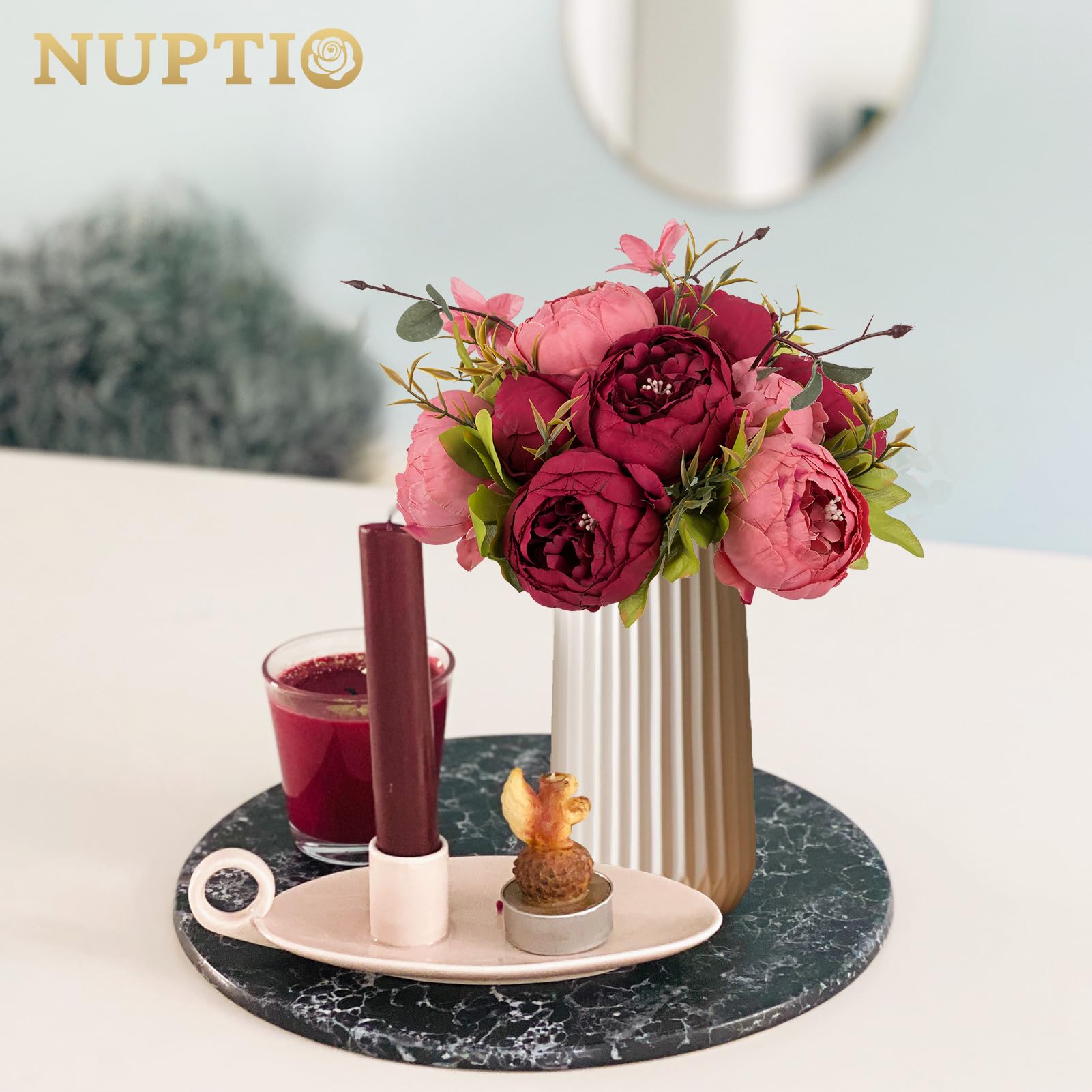 NUPTIO Fleurs Artificielles Pivoine pour Centres: 10 Pièces 24cm Diamètre Rose et Rouge Fausses Fleurs de Pivoine Boules en Soie Bouquet de Mariage Centres de Table pour Décorations