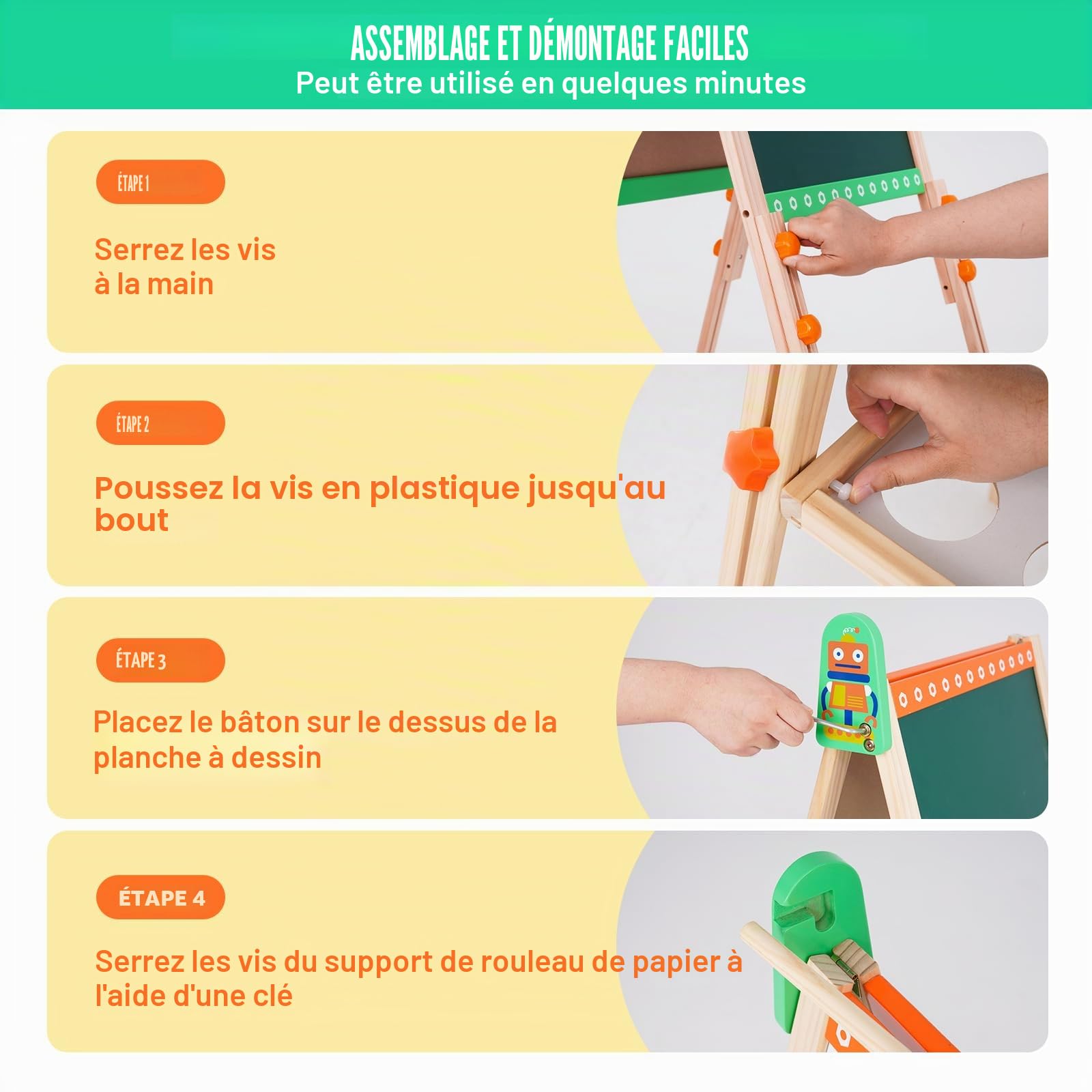 Tableau de jeu en bois pour enfants avec rouleau de papier Tableau blanc double face et tableau noir Pliable Réglable en hauteur Chevalet pour enfants avec motif de robot, chiffres et accessoires