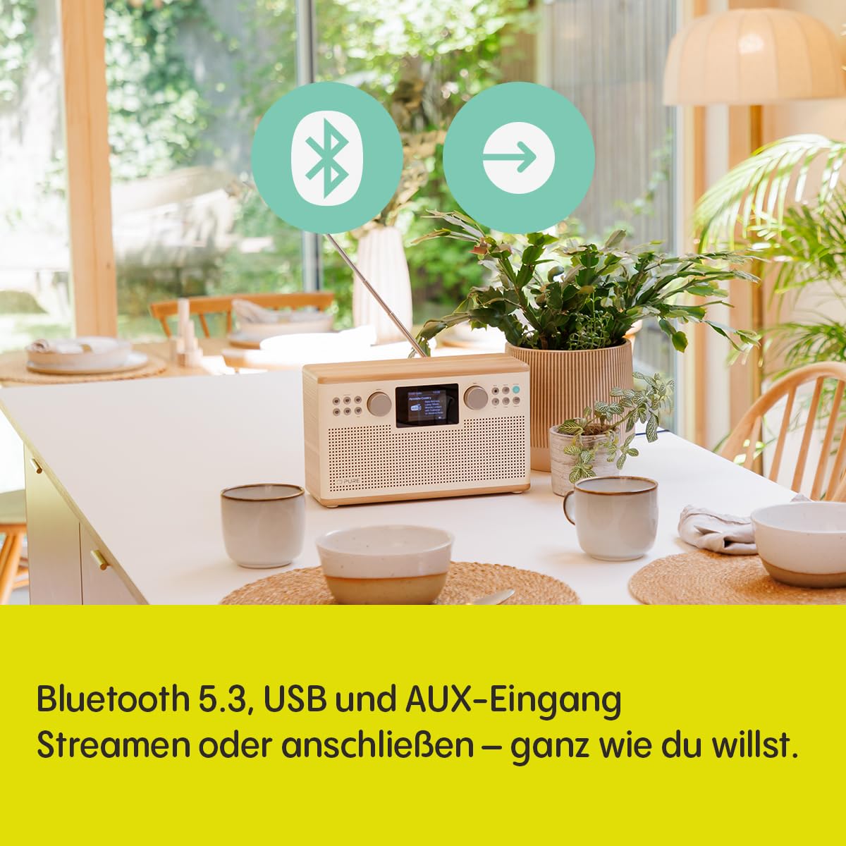 Pure Classic H6 Hi‑Fi Stereo‑Radio und Tisch‑Musikanlage mit DAB+ UKW Bluetooth 5.3 USB‑A & AUX 2,4" Farb‑TFT Fernbedienung Dual‑Wecker Schlaf‑ & Küchen‑Timer 2×15 W 80 Speicher – Baumwollweiß/Eiche