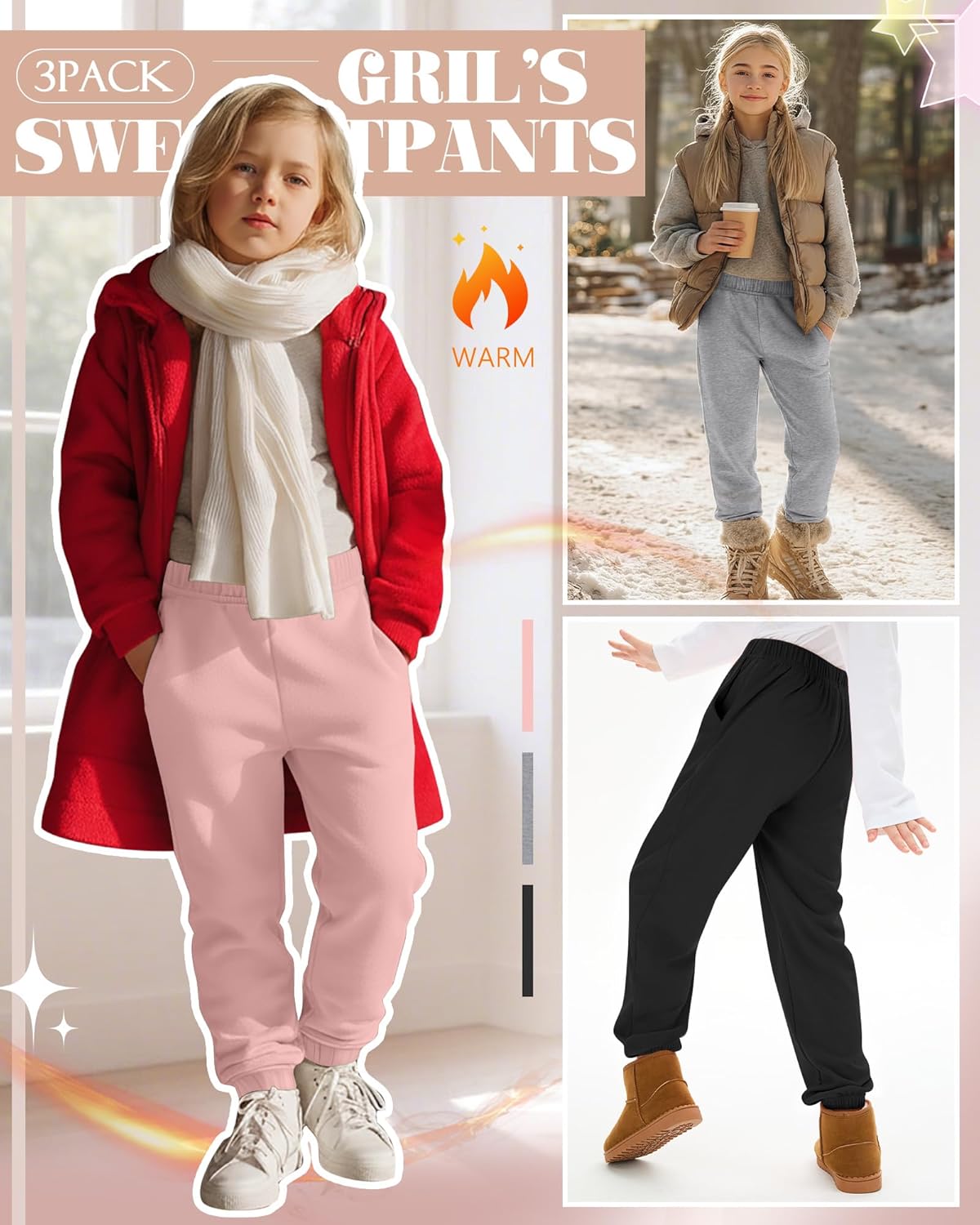 3 Pack Girls Fleece Joggers Sweatpants, 5-16 Years Thermal Baggy Elastic Waist Athletic Activewear with Pockets - Image 4