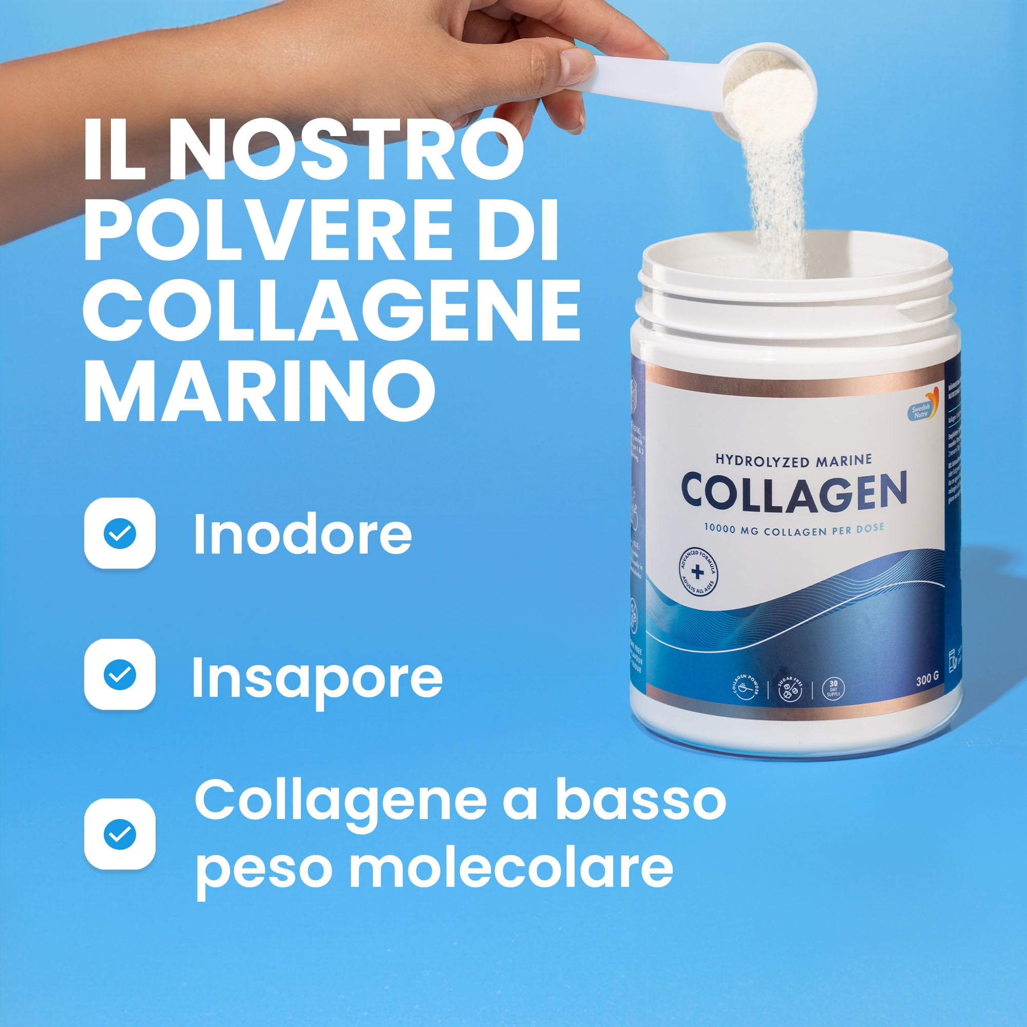 Polvere di Collagene Marino 100%, 10.000 mg, 300g x2, Tipo I e III