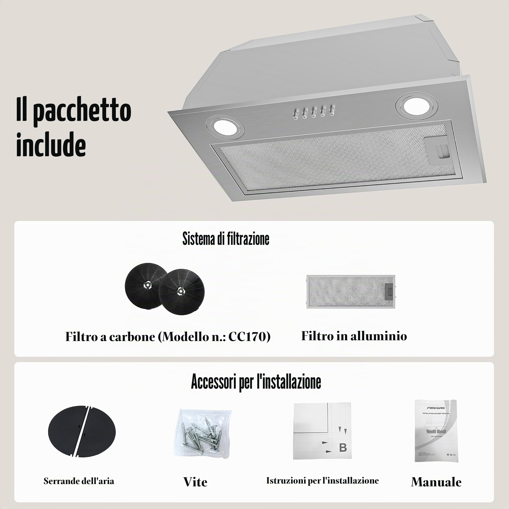 FIREGAS Cappa Aspirante a Incasso 52cm, Aspiratore Silenzioso con Motore ad Alta Efficienza, Classe Energetica A, 590m³/h, 3 Velocità, Illuminazione LED, Filtro a Carboni Attivi