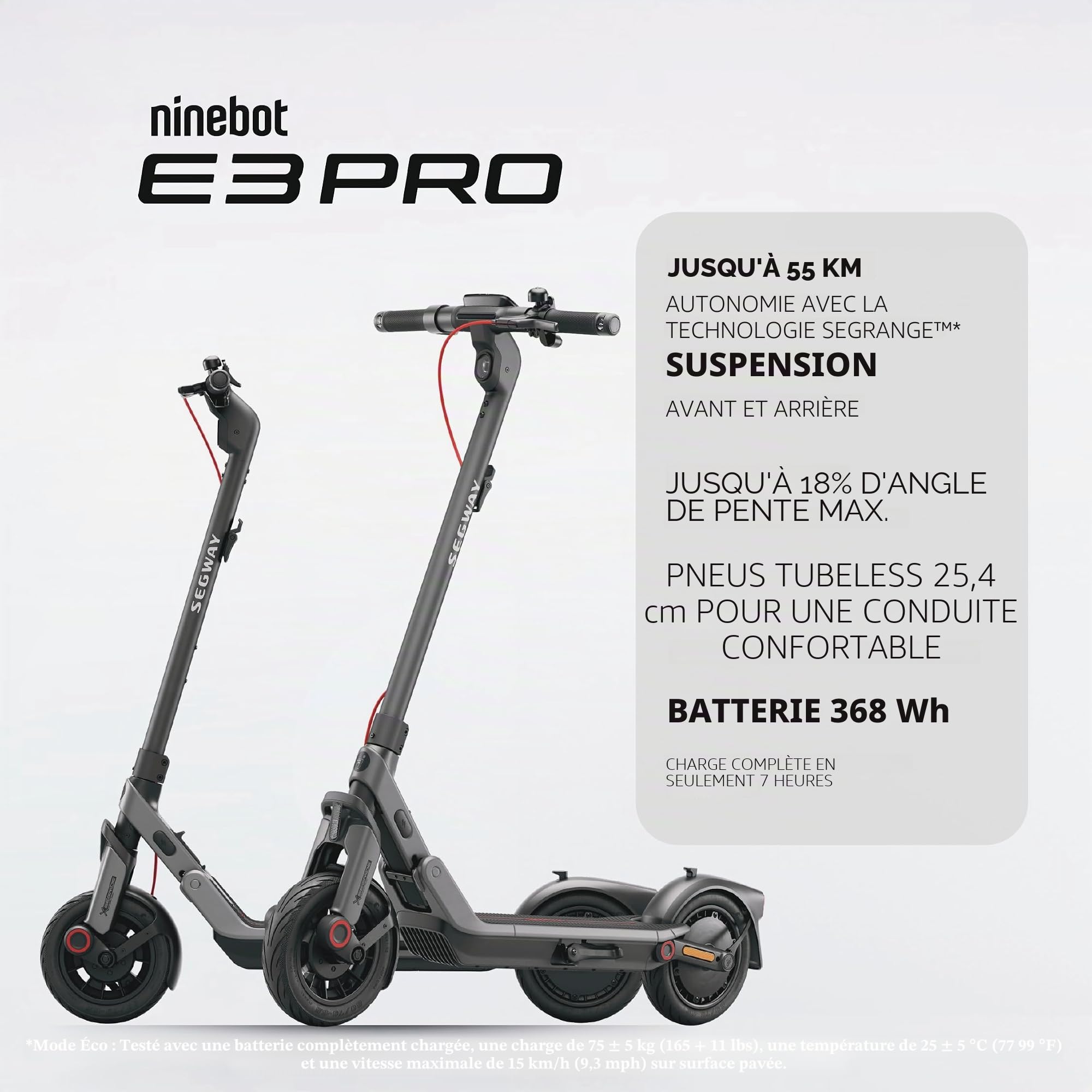 Segway-Ninebot E3 Pro D E-Scooter pour Voyageurs avec permis de Circulation, portée de 55 km (47 km à 20 km/h), Pliable et léger (17,9 kg), Suspension Avant et arrière, pneus de 10 Pouces