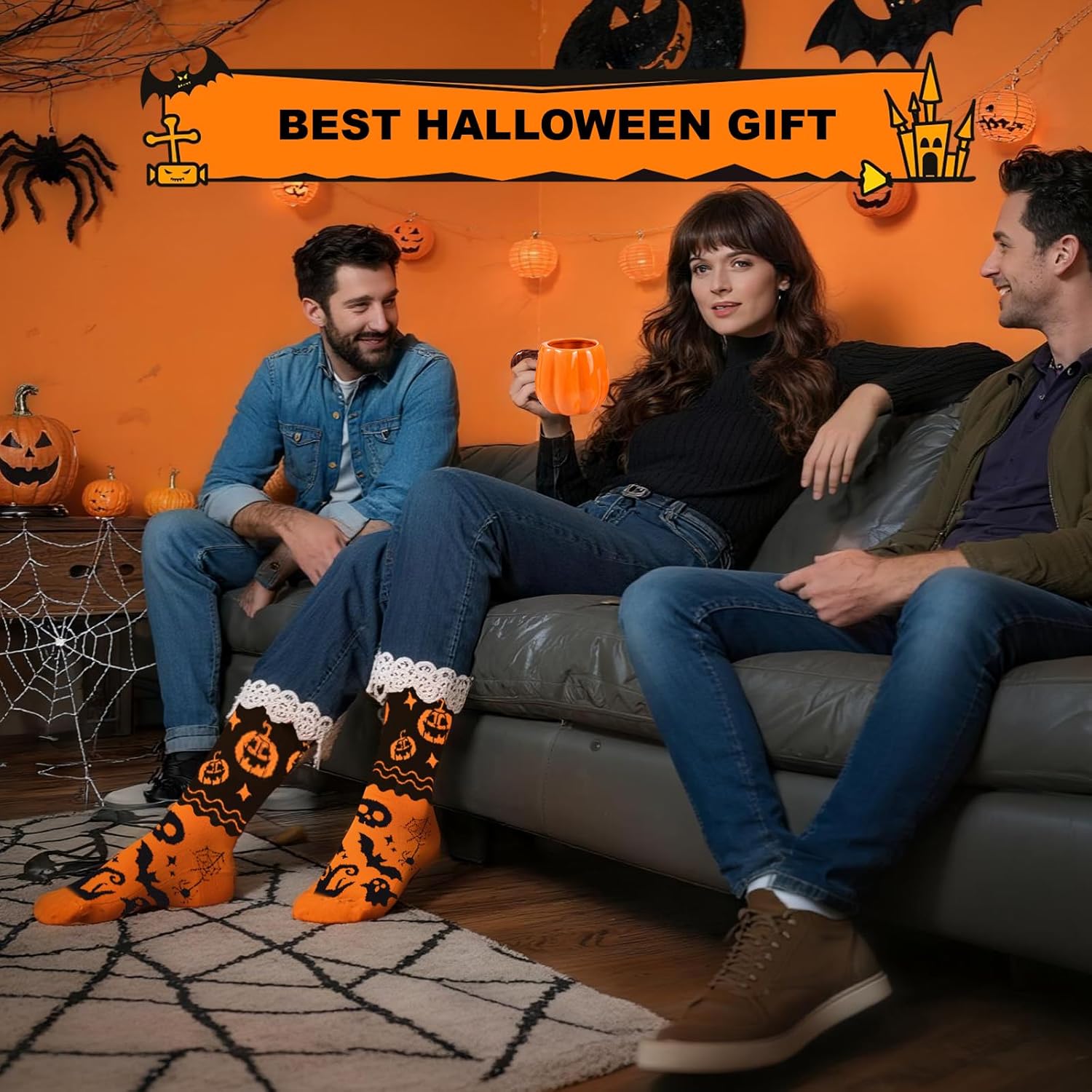 Boo Basket Stuffers for Women Teens - Halloween Boo Basket Stuffers Gift Ideas with Ghost Blanket Cauldron Mug Socks & Spa Gifts for Women Teen Girls (Orange, Count, 9)