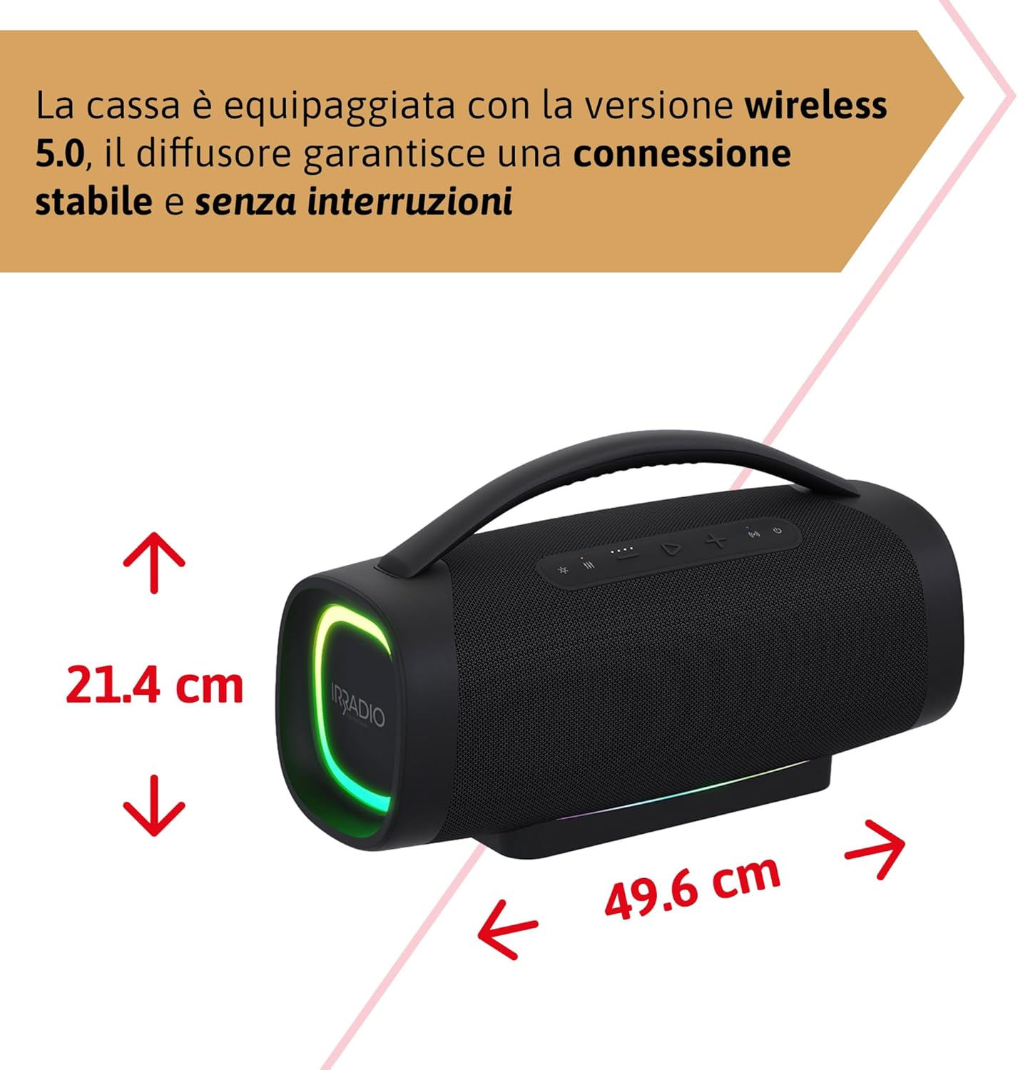 Image showing the dimensions of the IRRADIO IR-GT710V speaker: 49.6 cm width and 21.4 cm height.
