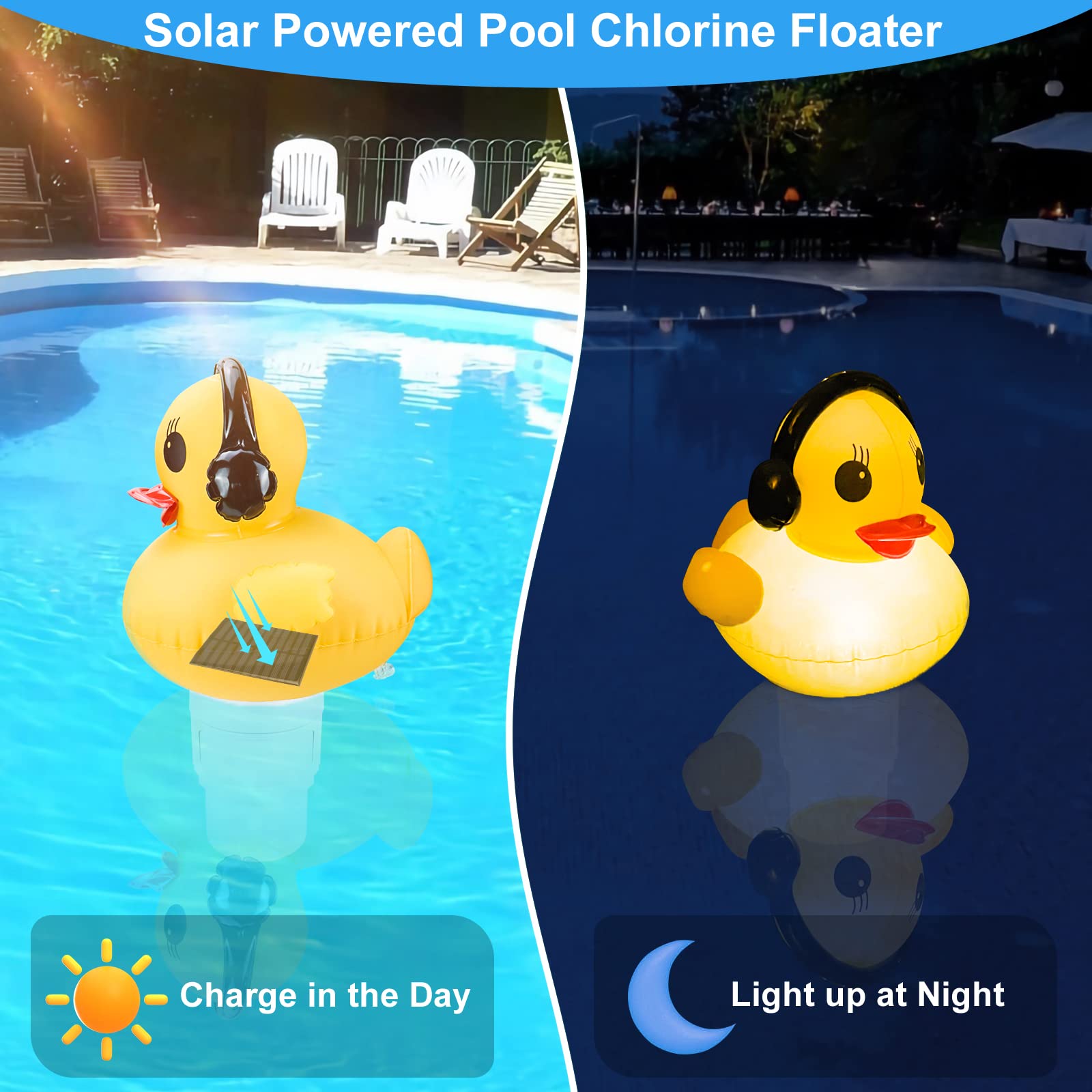 Pool-Dosierschwimmer Mit Solar-Entenlicht – Großer Chlorspender Für 200 G, Bis Zu 4 Tabletten, Zusammenklappbar, Für Whirlpool, Spa & Pool
