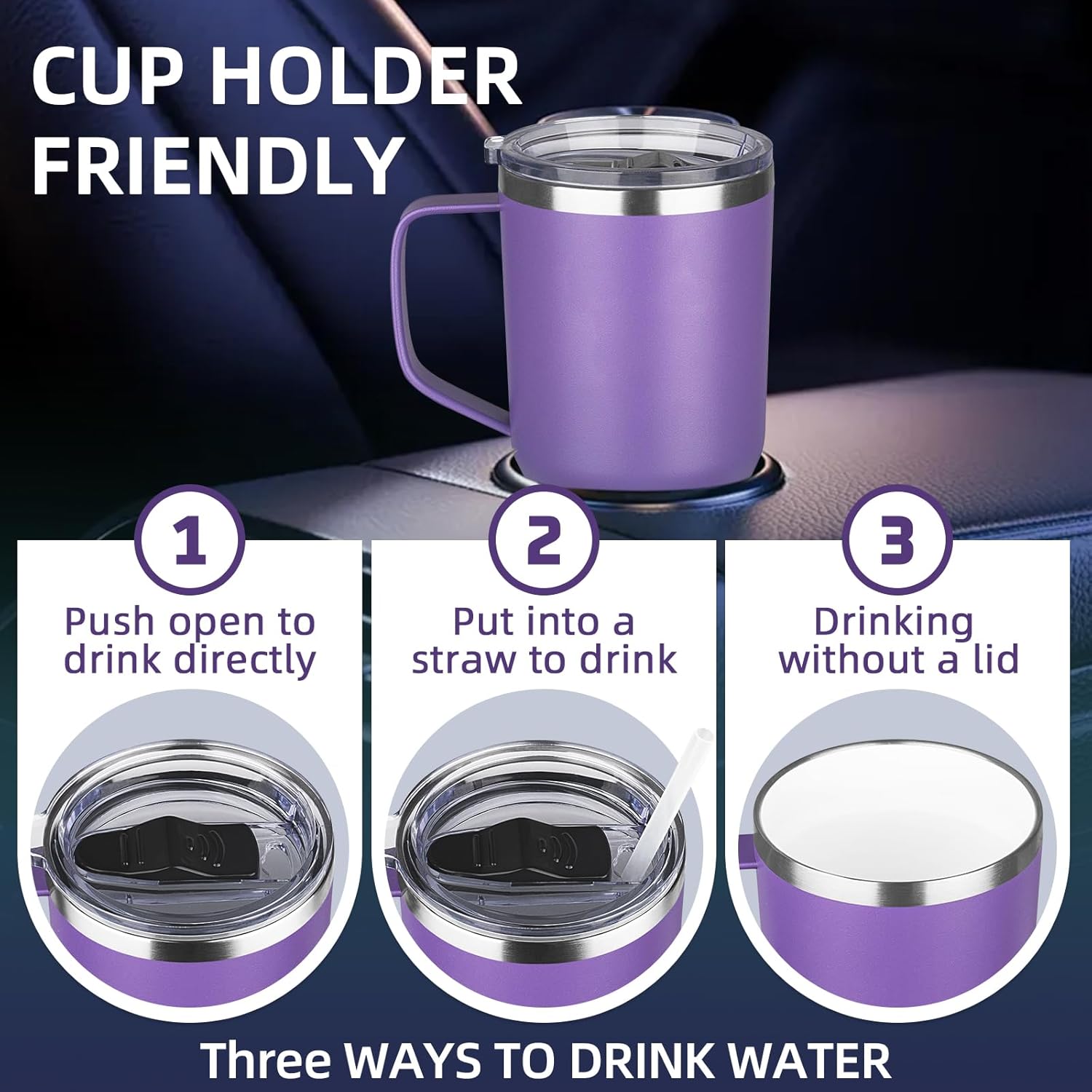 20 oz Insulated Coffee Mug with Ceramic Coating, Stainless Steel Travel Mug Tumbler with Handle Lid and Straw, Double Wall Leak-Proof Coffee Travel Mug Keeps Drink Hot and Cold (Purple) - Image 6