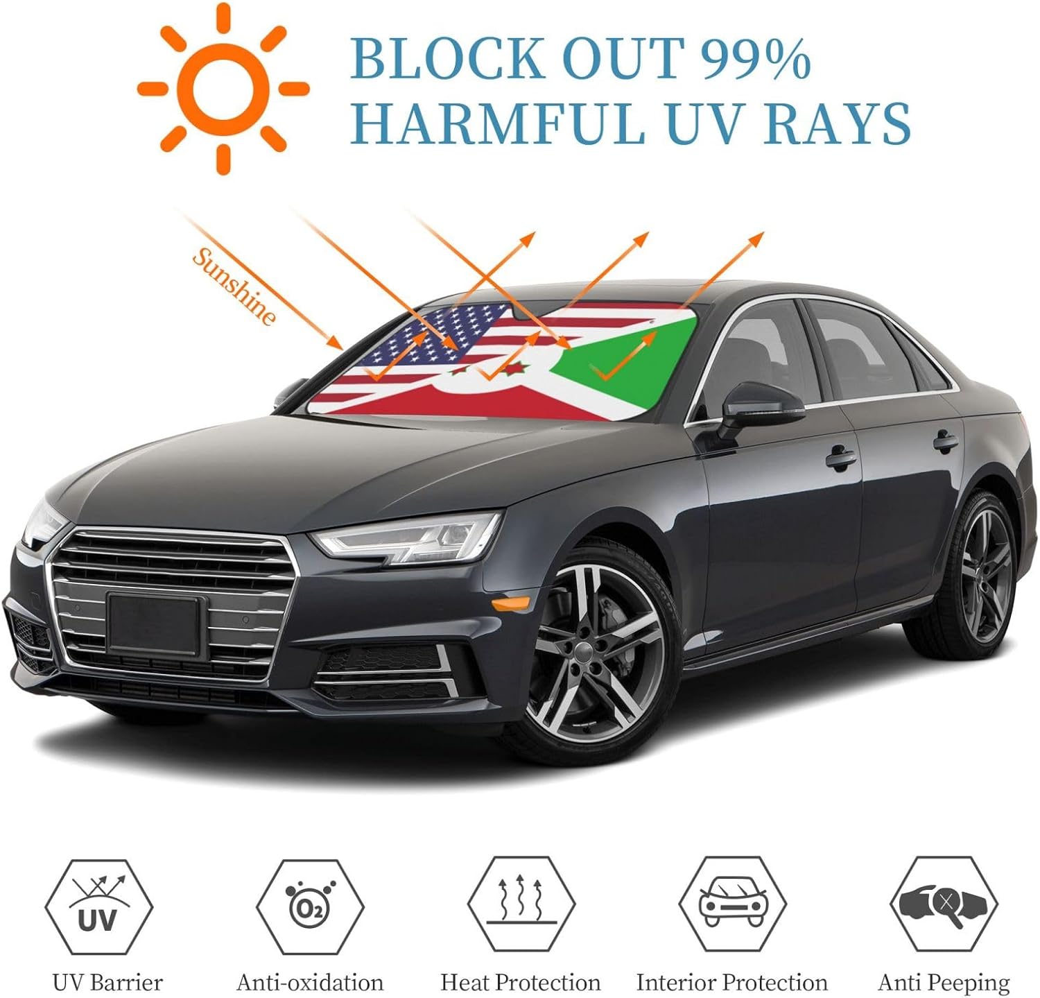 America Burundi Friendship Flag Foldable Car Windshield Sunshade Blocks Heat and Sun Glare Uv Rays
