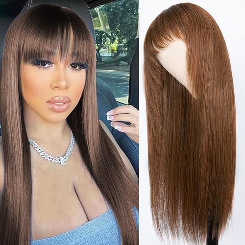 Sunber Pelucas de cabello humano con flequillo lacio sin encaje frontal pelucas de cabello virgen brasileño 10A para mujer sin pegamento hechas a