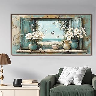 ZHAOLIN Lienzo decorativo para pared, diseño de playa serena con flores y mariposas, paleta de colores azul claro y blanco, decoración moderna, 65 x 130 cm, sin marco.