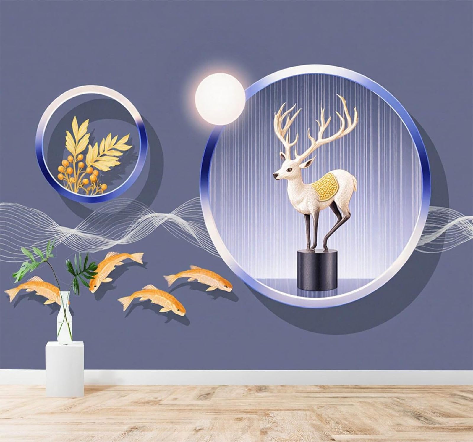 Tzxztt 400Cm×280Cm(B×H) Golden Deer Koi Abstract Circles Blue Background Modern 3D Wallpaper Premium Textured Silk Neutral Tones Material Ideal For Living Room Bedroom-400Cm×280Cm