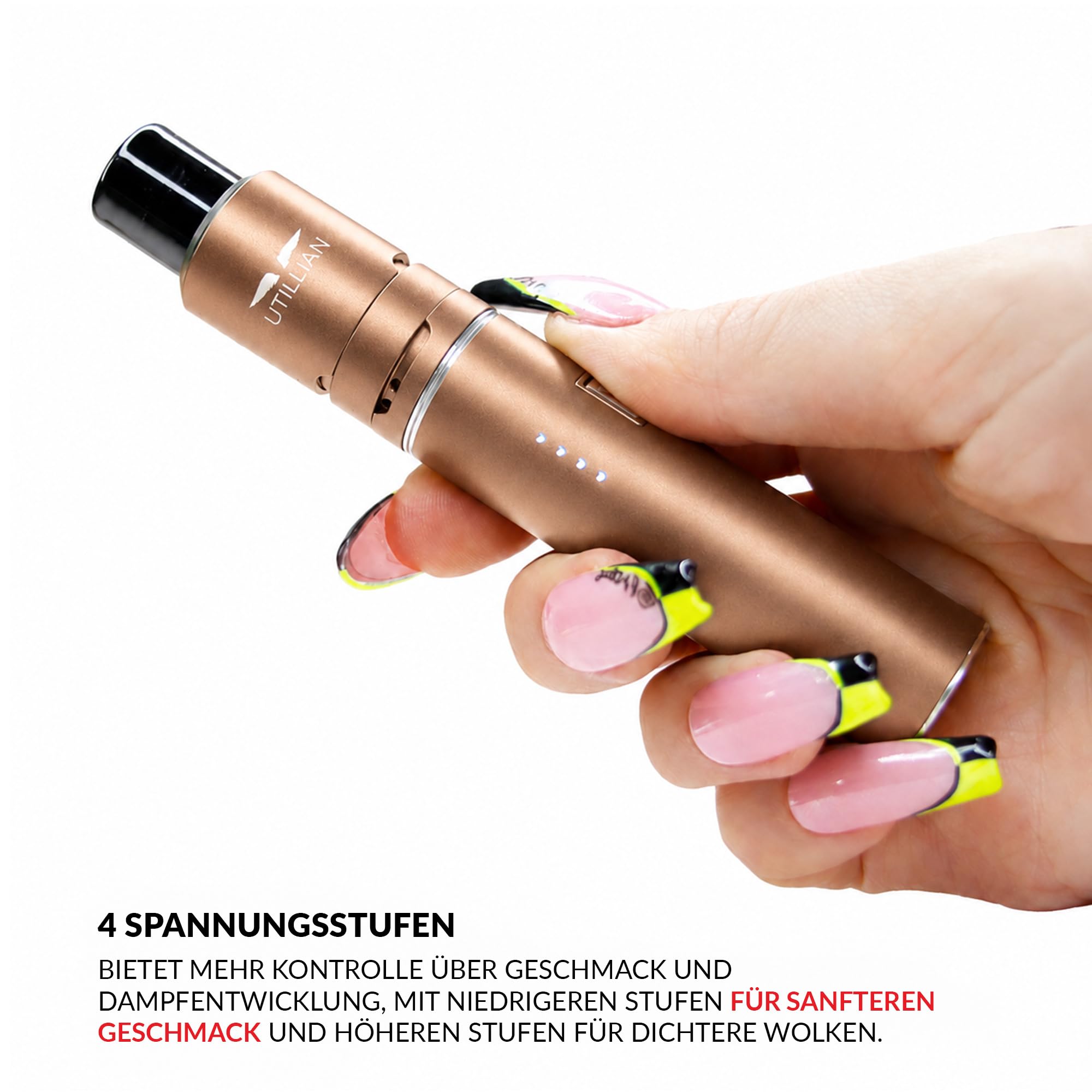 Utillian 5 V4 Dab Pen, vaporizzatore concentrato con 2 bobine, 4 impostazioni di tensione, strumento DAB integrato, flusso d'aria regolabile, 1500 mAh, ricarica USB-C (Titanium Gold)
