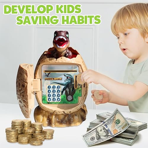Miniatura 2 de FUNNYB&G Alcancía de juguete para niños  Banco electrónico de dinero de dinosaurio en efectivo, moneda cajero automático caja de ahorro de dinero