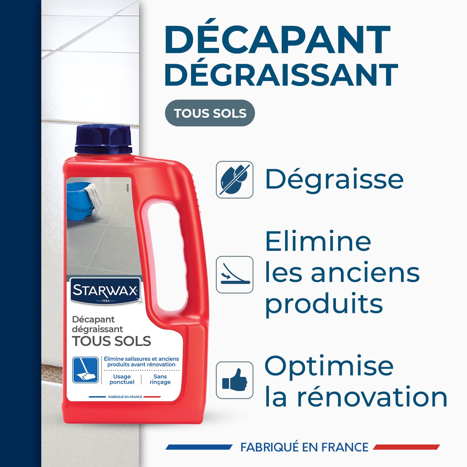 STARWAX Décapant Dégraissant Sans Rinçage 1L Tous Sols Carrelages PVC Parquets Vitrifiés 80m²