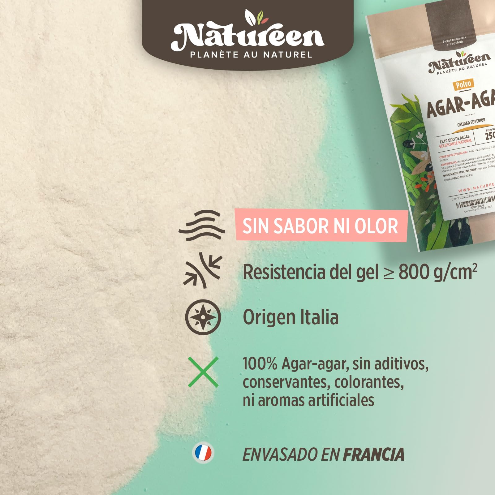 Agar-agar en polvo 250 g - Natureen - Producto natural - para cocinar, sustituto vegano de la gelatina