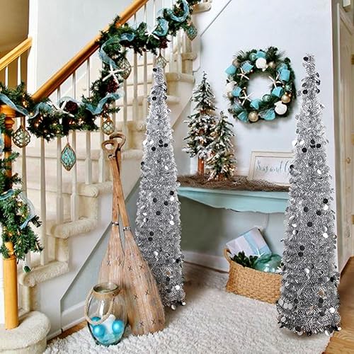 Miniatura 5 de Aytai - Árbol de Navidad plegable de 5 pies, árbol de Navidad costero de oropel plateado para decoraciones navideñas