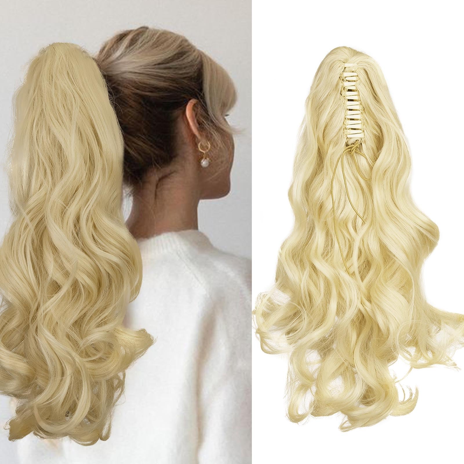Cybelleza Ponytail Extension Curly Wavy Claw Jaw Pony Tail 18" One Piece Clip in Hair Extensions Ponytail Hairpiece Synthetic Long Natural for Women Bleach Blonde
