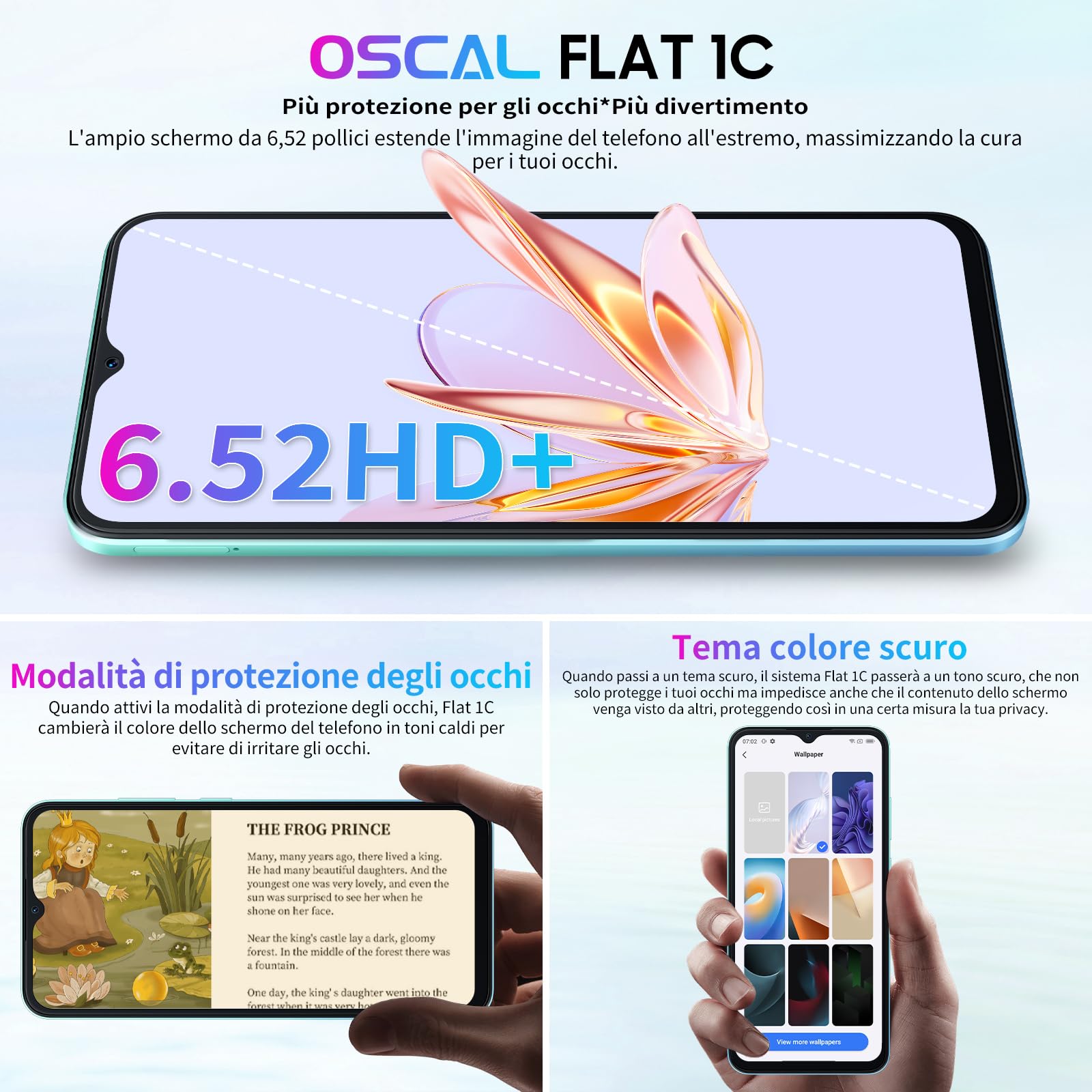 OSCAL Flat 1C Smartphone 4GB RAM 32GB ROM 1TB Espandibile, 4700mAh, 6.5" HD+, 8MP+5MP, 4G Dual SIM Telefono Cellulare, Android 13 Smartphone Offerta Octa Core/BT4.2/5G Wi-Fi/Face ID/OTG Blu