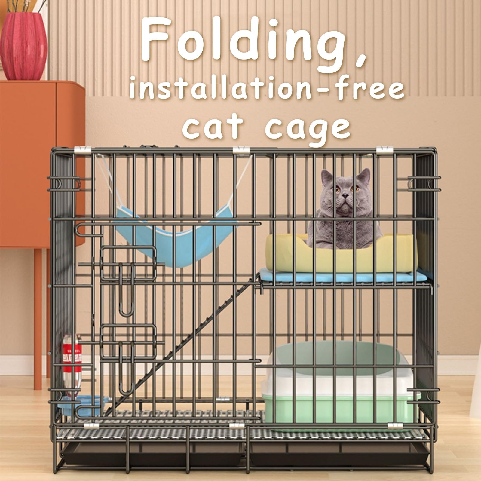 Gabbia per gatti da interni, pieghevole, a doppio strato, con rotelle, vassoio e amaca, casa per gatti a due piani con WC per uso domestico