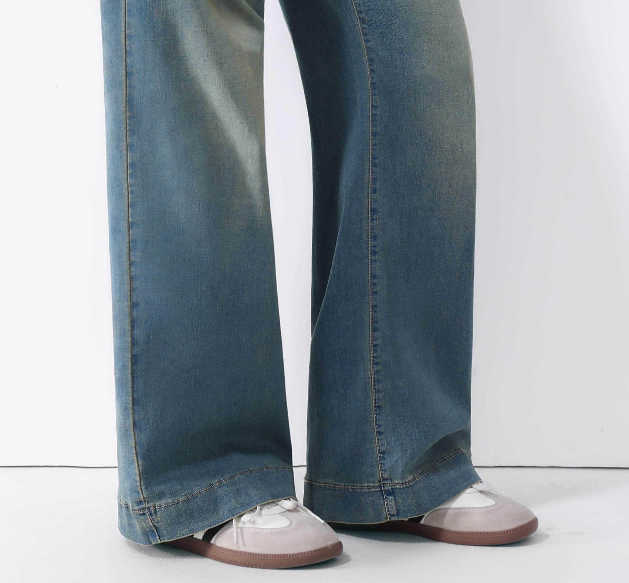 Jeans Donna Vita Alta Gamba Larga Denim Elasticizzato Lavaggio Chiaro Casual Streetwear Comodi