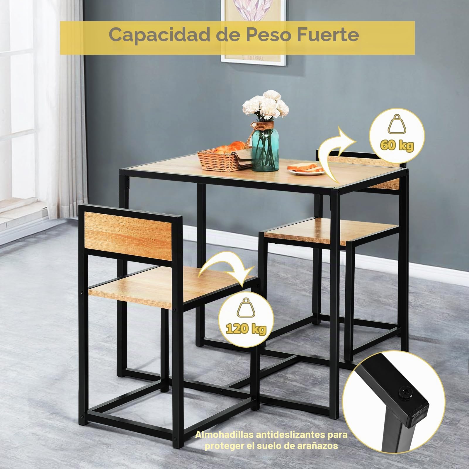GIANTEX Juego de Muebles de Bar 3 Piezas, 1 Mesa de Comedor con 2 Sillas, Conjunto de Comedor Pequeño para 2 Personas, Diseño Ahorro Espacio, Juego de Bistró para Bar, Balcón (Natural)