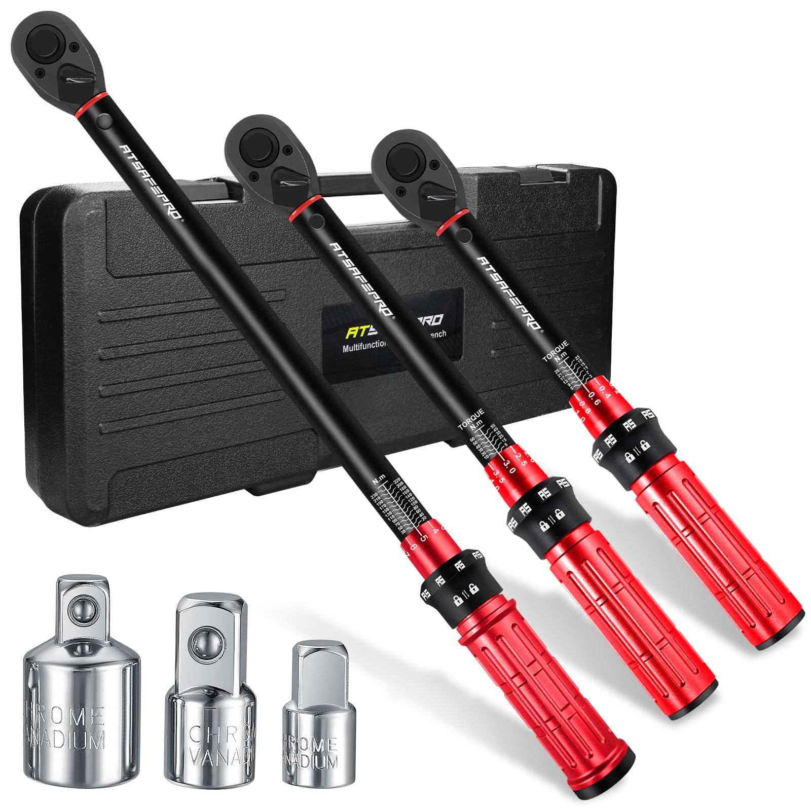 ATsafepro Torque Wrench Set 1/4" 3/8" 1/2" Bicycle Motorcycle Car Torque Wrench 3-25NM 5-60NM 20-230NM 72T 1/4" to 3/8" to 1/2" Three Adapters