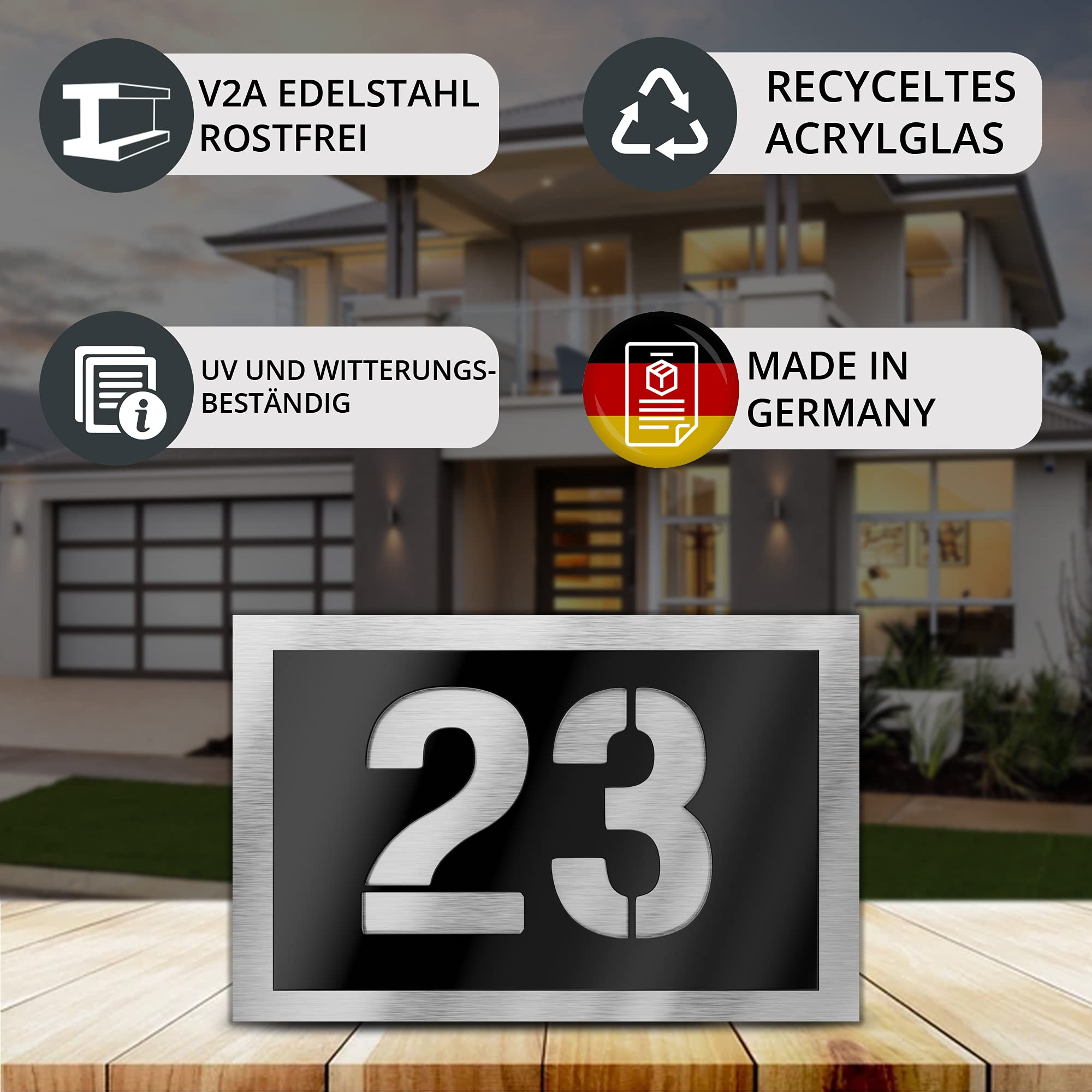 placa número para casa exterior – 215x150 mm, negro, acero inoxidable V2A (AISI 304), personalizable