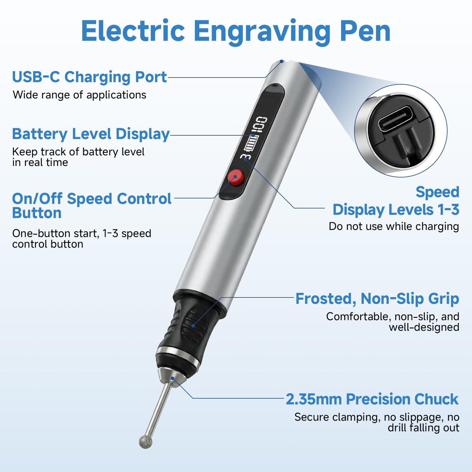 Stylo Graveur Électrique Sans Fil, Pignon de Gravure Électrique avec 30 Bits, Jusqu'à 25.000 U/min, Mini Graveur, Rechargeable par USB, pour Bois, Bijoux, Métal, Verre, Céramique, pour Bricolage