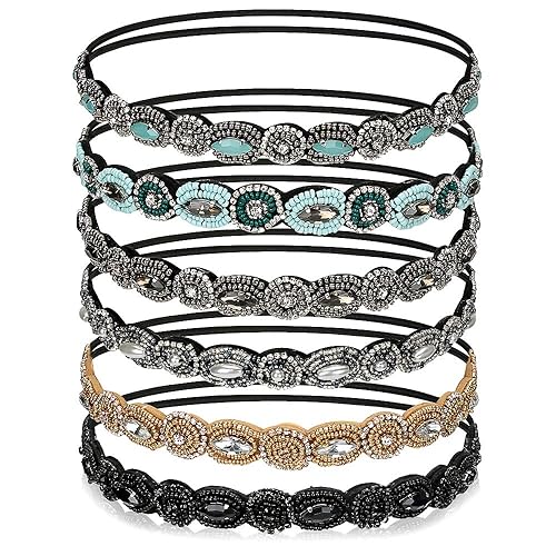 Miniatura 8 de 6 diademas elásticas con diamantes de imitación para mujer, hechas a mano, con cuentas de cristal, banda elástica vintage, accesorios para el