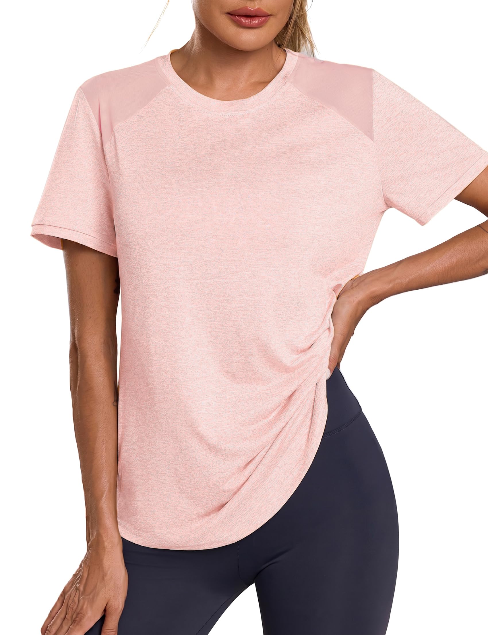 Terecey Sportshirt Damen Kurzarm Leichtes Atmungsaktiv Mesh Laufshirt Fitness Gym Oberteile Rundhals Sport Top Frauen Sommer Longshirt für Fitness Laufshirt Yoga Fitness