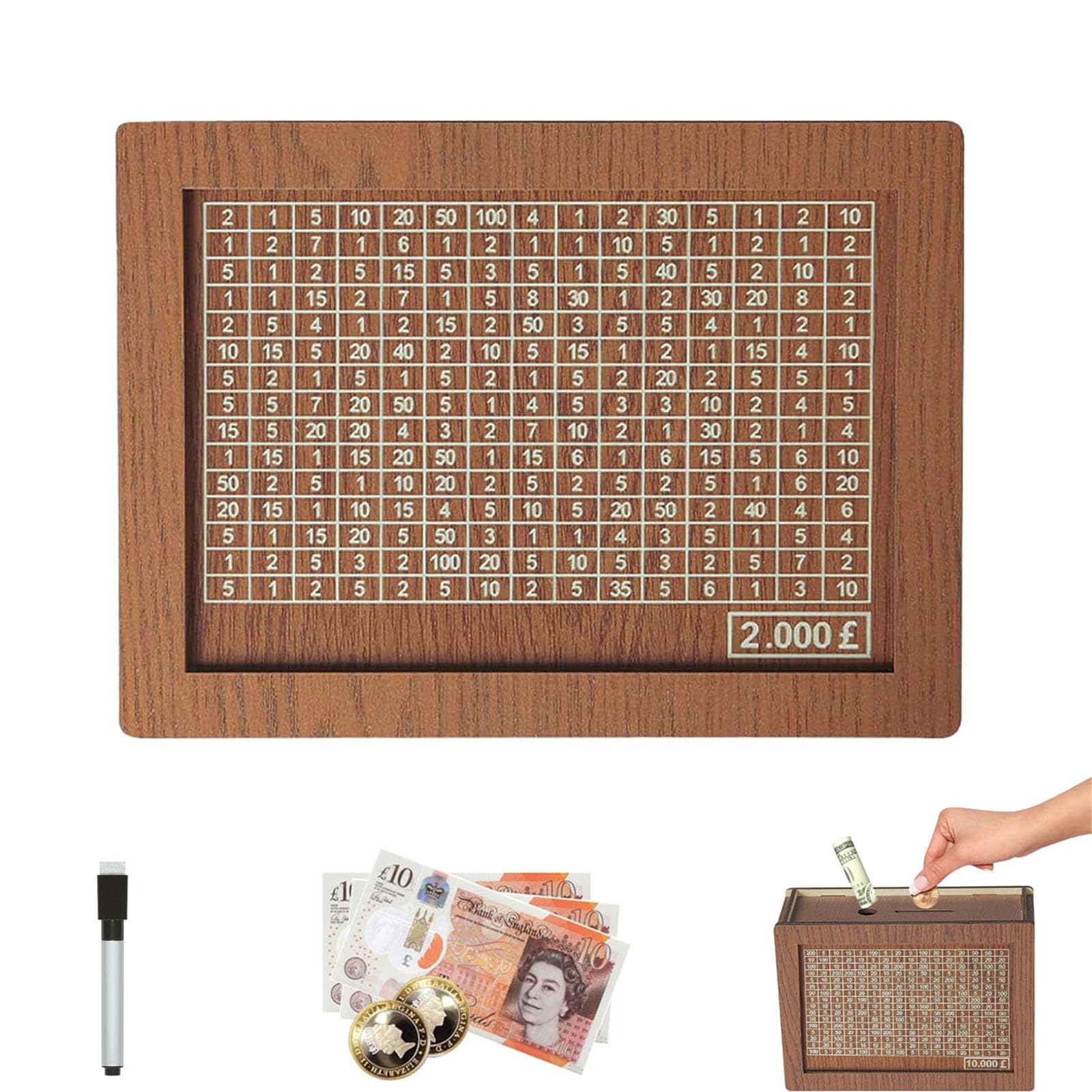 Zbello Brown Wooden Money Box With Counter, Savings Challenge Box For Cash & Coins, Budget Tracker & Coin Bank With Goal Tabs, Financial Literacy Tool For Kids, Teens & Adults (2000)