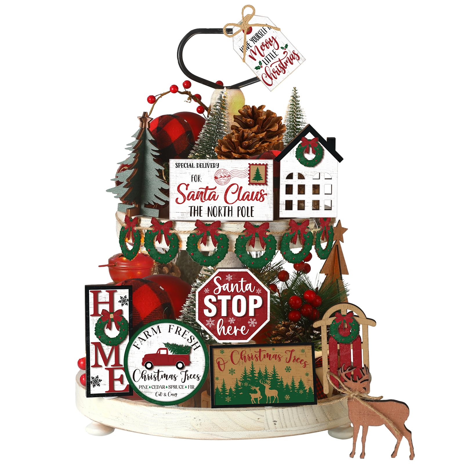 Funnymoom 17 Pcs Christmas Tiered Tray Decor Set Winter Tiered Tray Decorations Farmhouse Tabletop Centerpiece Christmas Wooden 3D Signs for Xmas Home Table Centerpiece Decorations(Fresh)