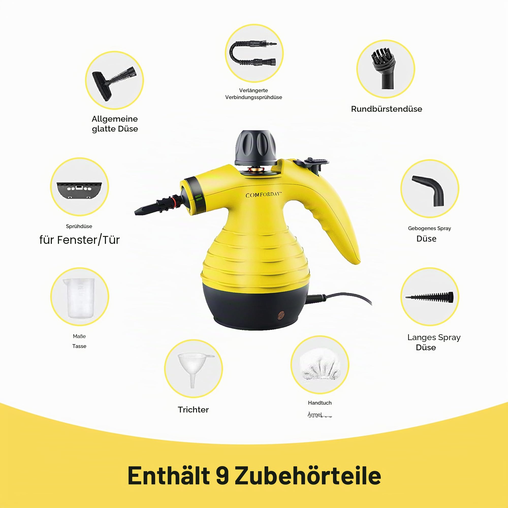 Comforday Dampfreiniger Handgerät Hand Dampfreiniger Handgerät Mit 9 Fleckenentfernungszubehör Eliminates Grease Küche Autositze und Vieles Mehr, Sofa-Reiniger Fleckenentferner, Steam Cleaner