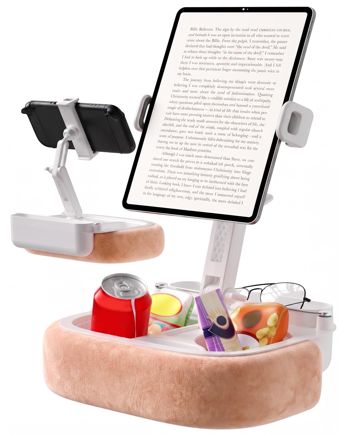 Supporto Cuscino iPad per Letto e Grembo – [270° 360° Regolabile][Rimovibile], Supporto Tablet a Mani Libere con Vassoi Snack, Rosa, Compatibile con iPad 5,4-8,8", Kindle, Telefono, Switch