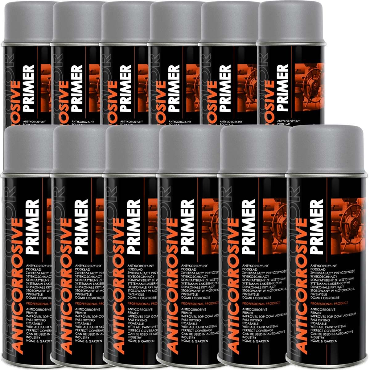 DECO COLOR 12 Stück ANTICORROSIVE PRIMER GRAU 400ml - Grundierung/Haftgrund für z.B. Alufelgen, KFZ, Holz, Beton (12 Dosen 400ml Grundierung Grau)