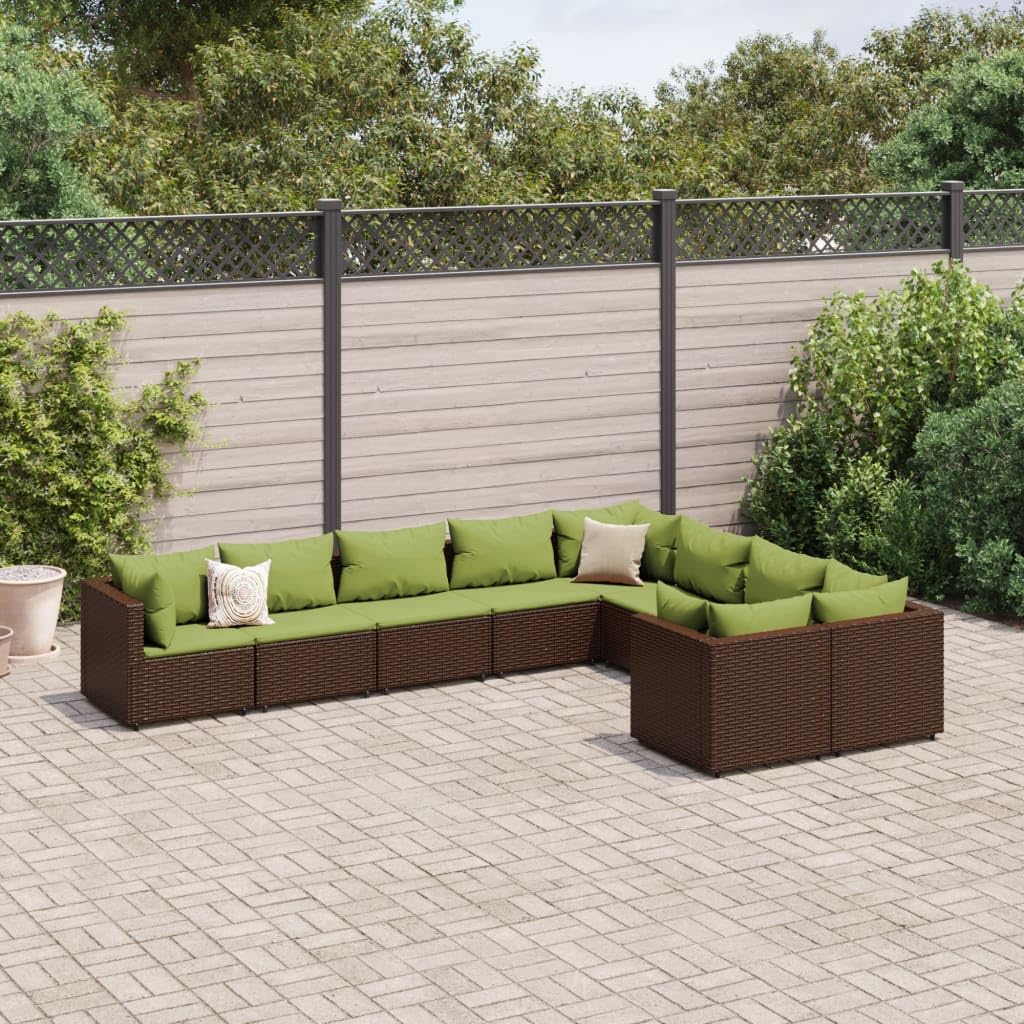 Set Divani da Giardino 9pz Marrone in Polyrattan con Cuscini per Terrazza Patio e Balcone, Arredo Lounge Resistente al Sole e all'Acqua per Relax e Spazi Esterni