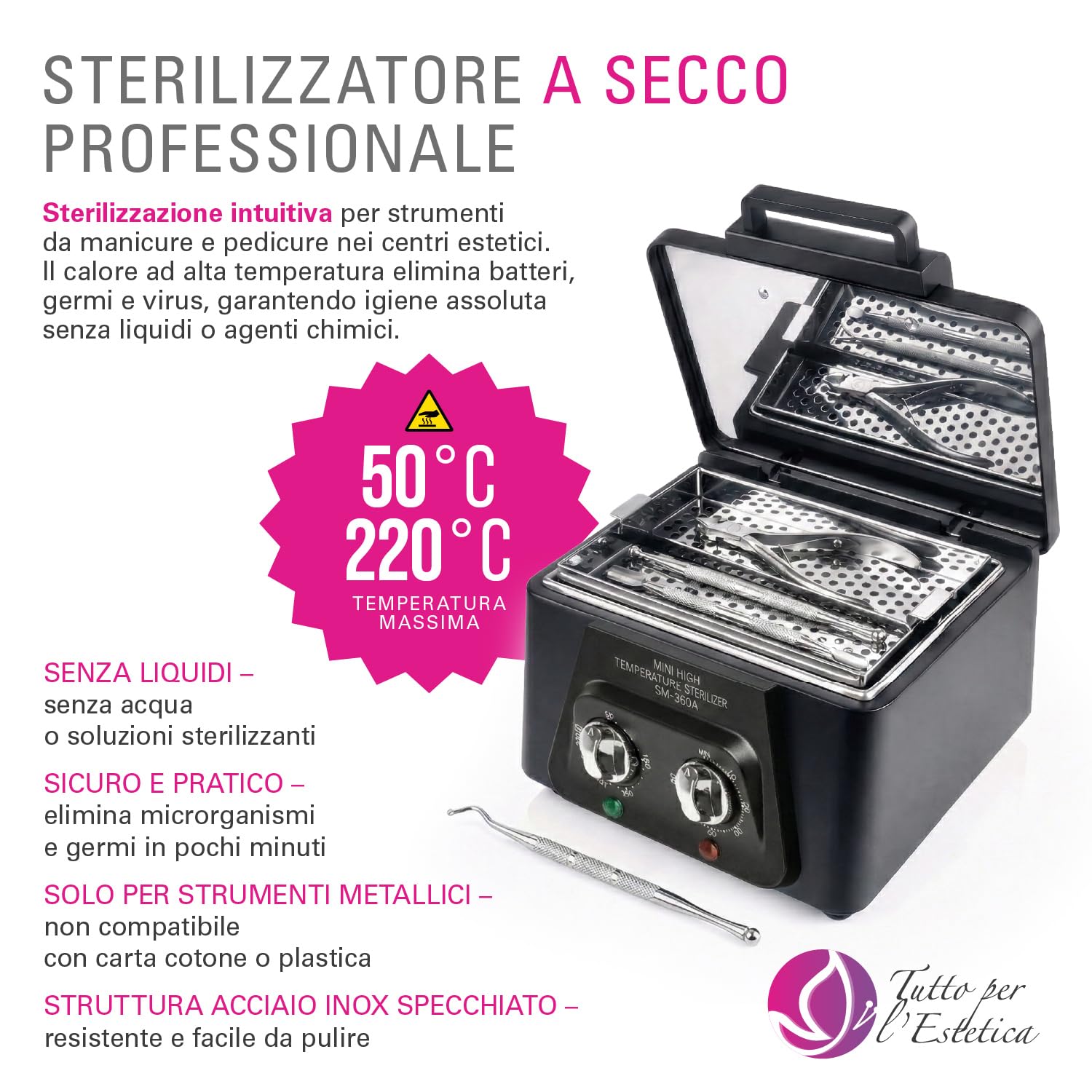 Sterilizzatore a Secco 220°C Professionale per Manicure e Pedicure - Forno Sterilizzatore con 2 Manopole Analogiche, Timer 0-60 min, Camera Inox 210x150x55 mm, 300W, Facile da Usare