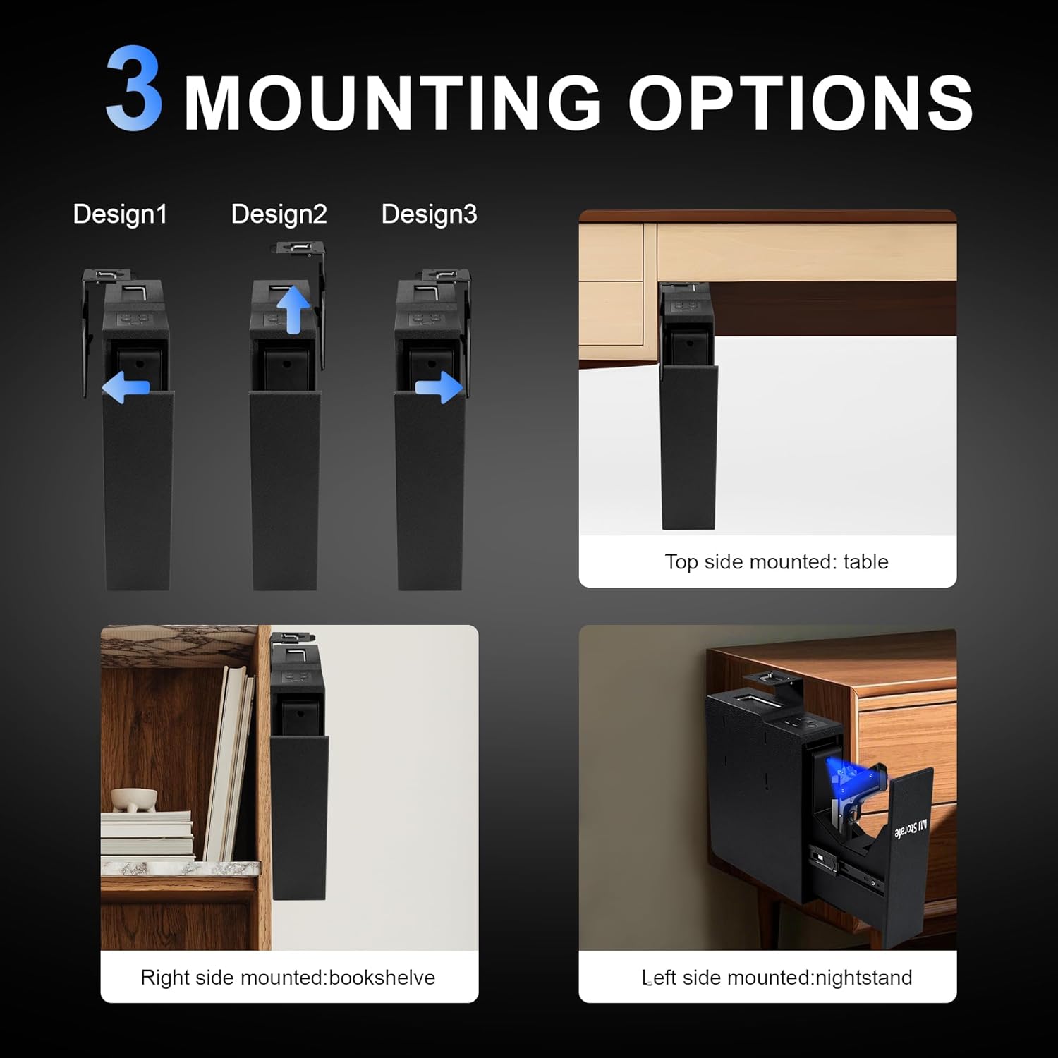 Slider Gun Safe for Hangun, Hangun Safe for Nightstand, Mounted Biometric Slider Pistol Safe with Temp Humidity Battery, 3 Ways Quick Access Handgun Case for Nightstand, Bed, Desk, Wall, Dresser