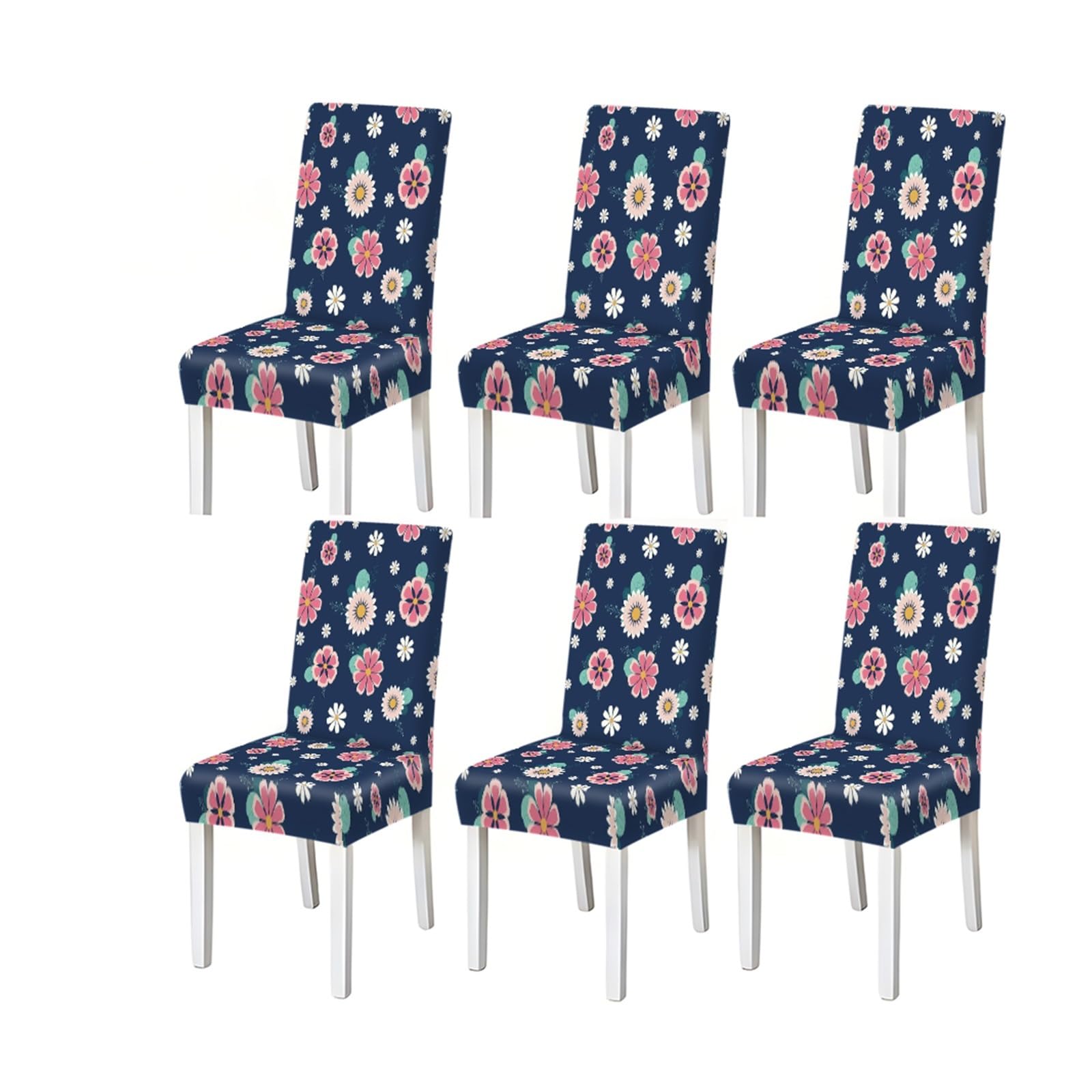 KXUAUV Navy Floral Chair Covers Set Of 2/4/6, Stretch Dining Chair Slipcovers With Pink Daisy Print Seat Protectors for Restaurant Hotel Party(6PCSChair cover)