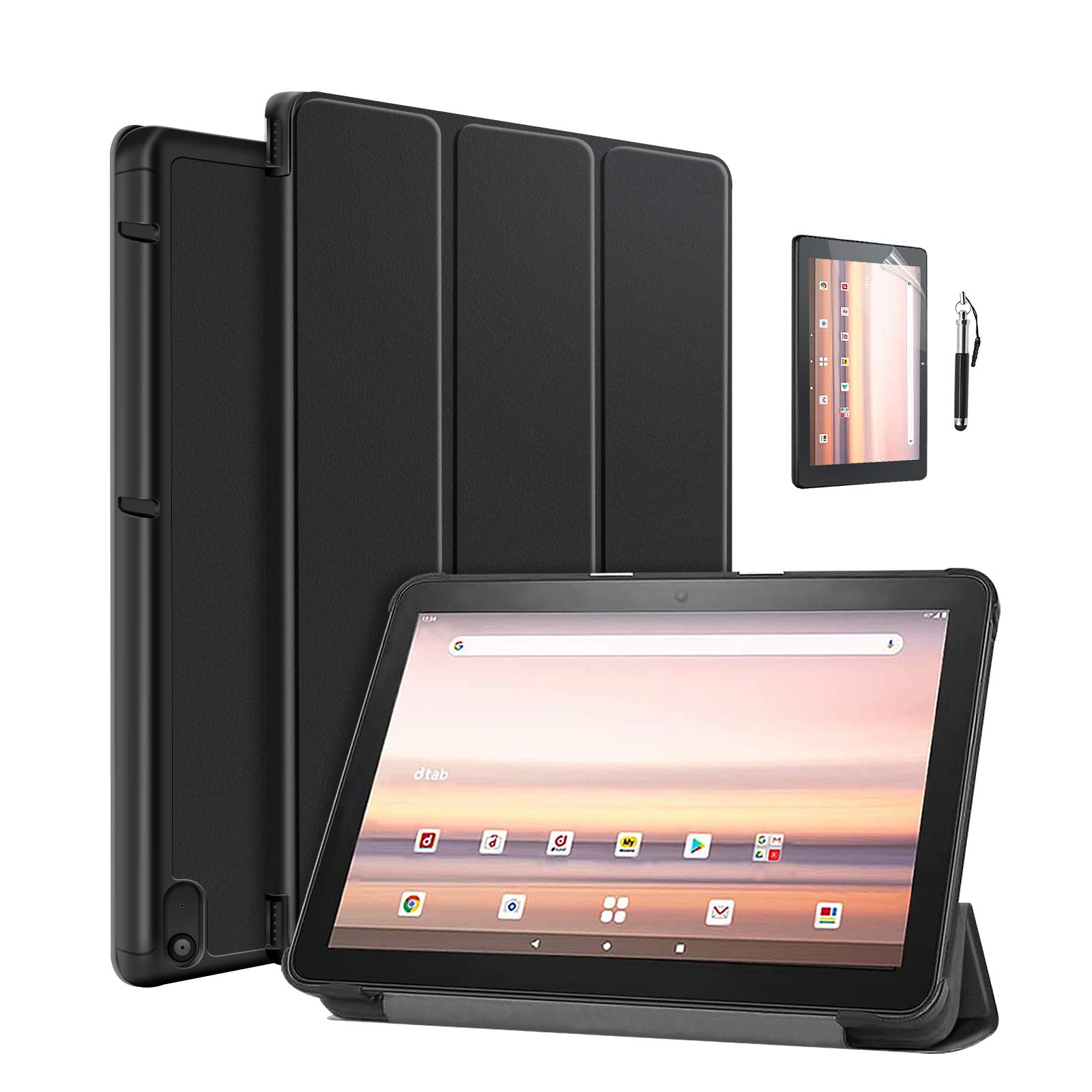 FamGift docomo dtab d-41A 10.1 Case, Trifold PU Leather Case, Magnetic Included, Ultra Thin, Stand Function, Shockproof, Black