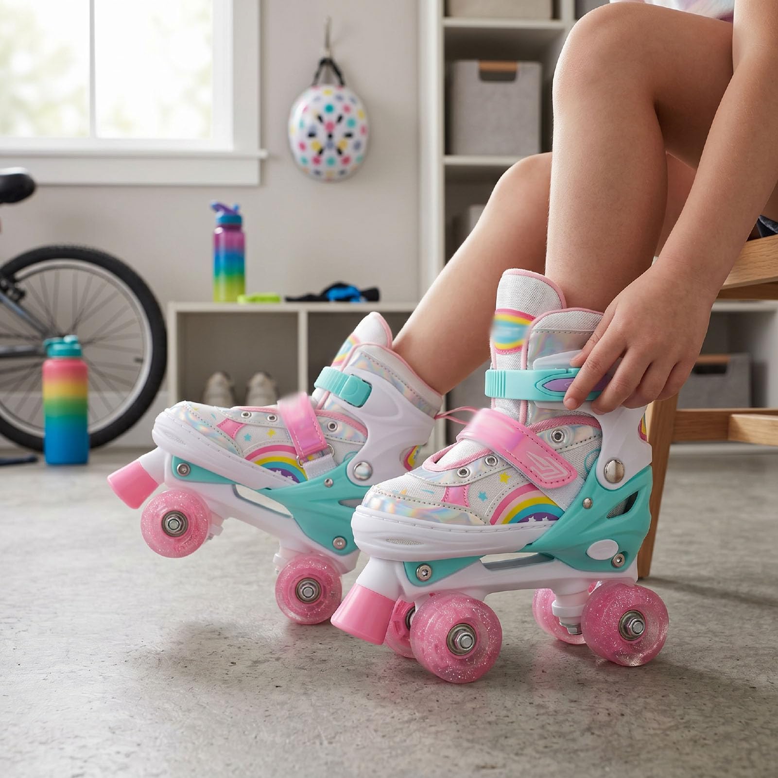 Patines De Ruedas con Iluminación Ajustable Cuádruples Doble Row Correas con Hebilla Cierres Gancho Y Bucle Cordones Antideslizantes con Diseño Cierre Múltiple para Patinar