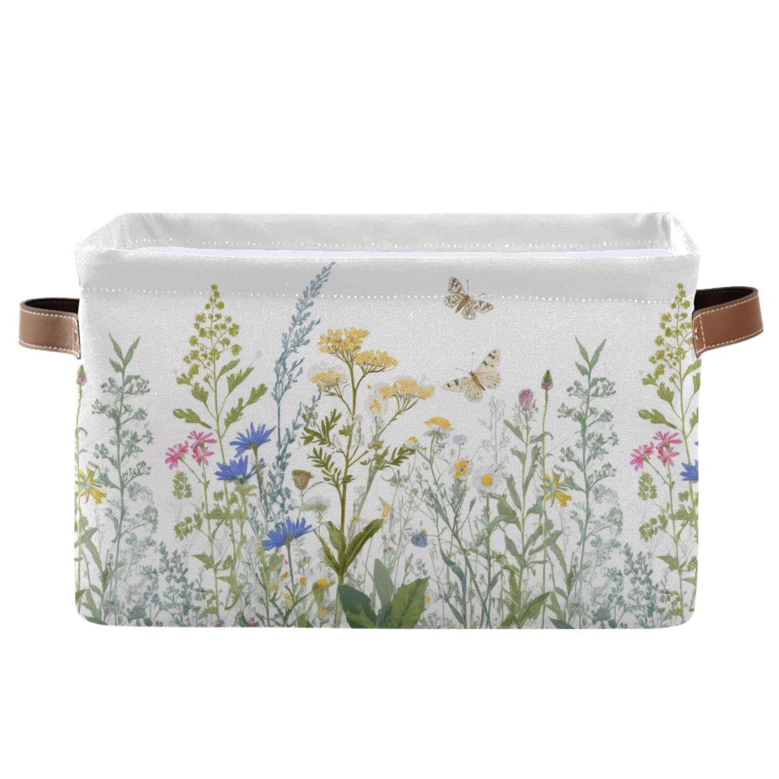 xigua Vintage Colorful Herbs Wild Flowers Floral Storage Basket Collapsible Toy Storage Bins Waterproof Canvas Storage Basket with Leather Handles for