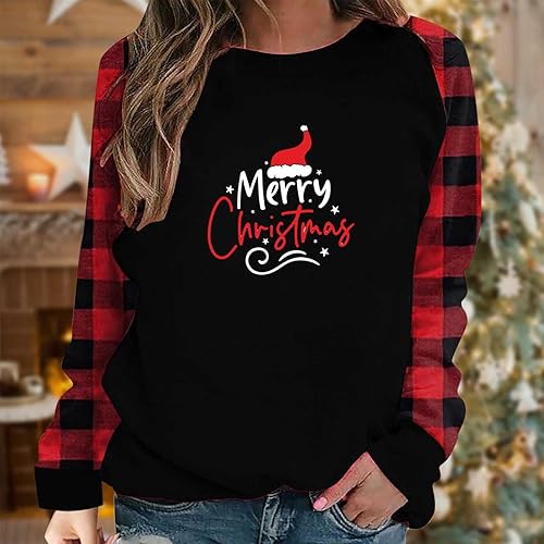 Vista 2 de oelaio Merry Christmas Shirt for Women,Buffalo Plaid Long Sleeve Oversized Crewneck Sweatshirt Xmas Print Casual Pullover