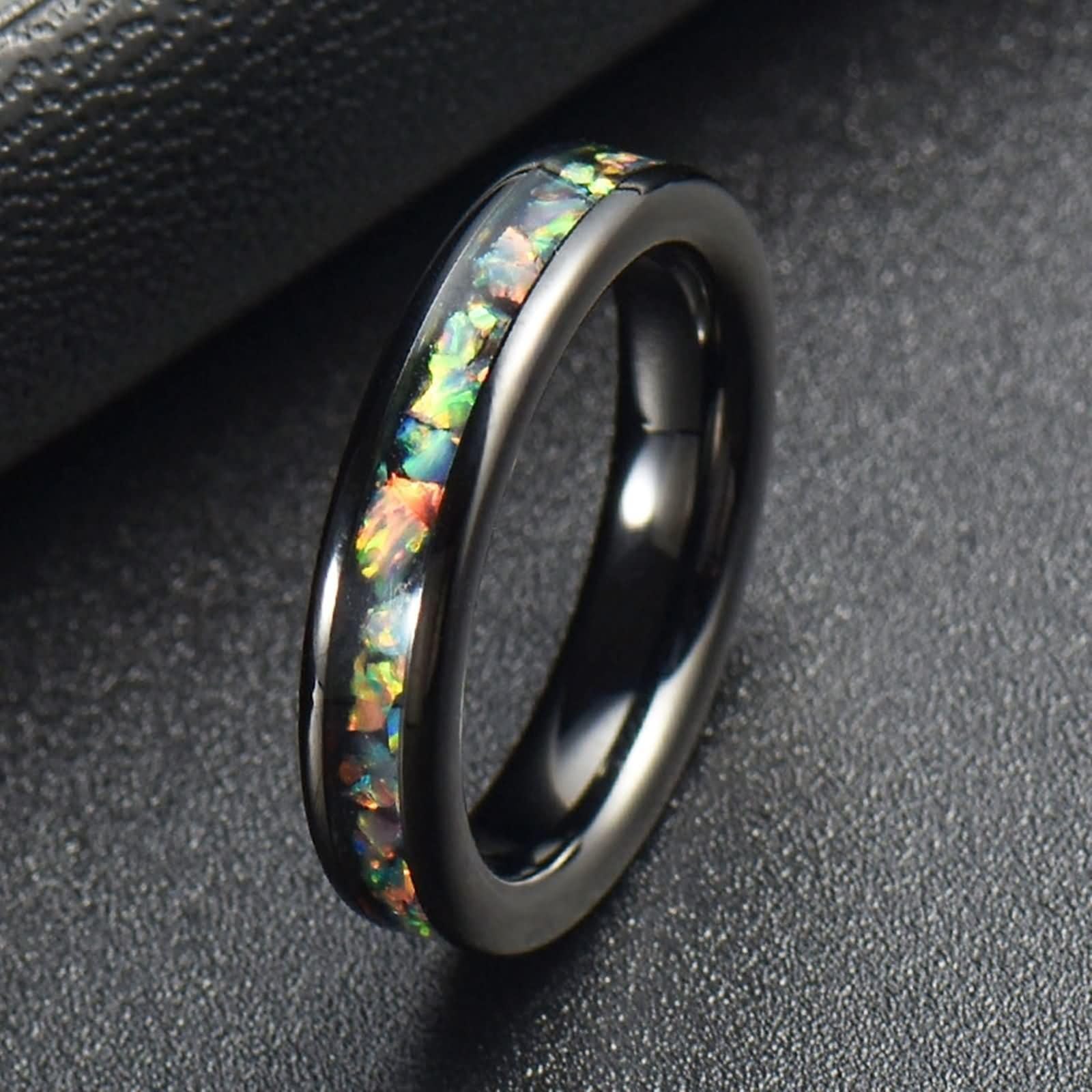 Anillo de compromiso para hombres y mujeres, juego de anillos de boda de acero inoxidable para parejas, redondos de 4 mm con ópalo colorido negro