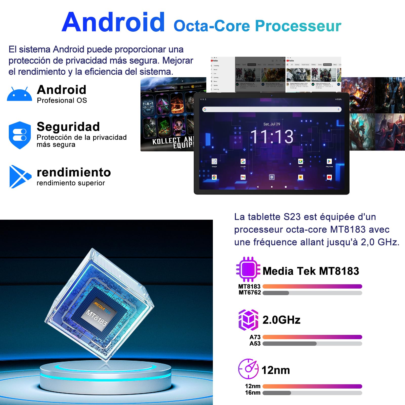 Tablette 11 Pouces Gemini AI Android 16 Go RAM+256 Go ROM (TF 2 to), Tablette Tactiles avec Processeur Octa-Core 2.0 GHz, 5G WiFi,BT5.0,10000mAh, 8+20MP, Tablette - Argenté