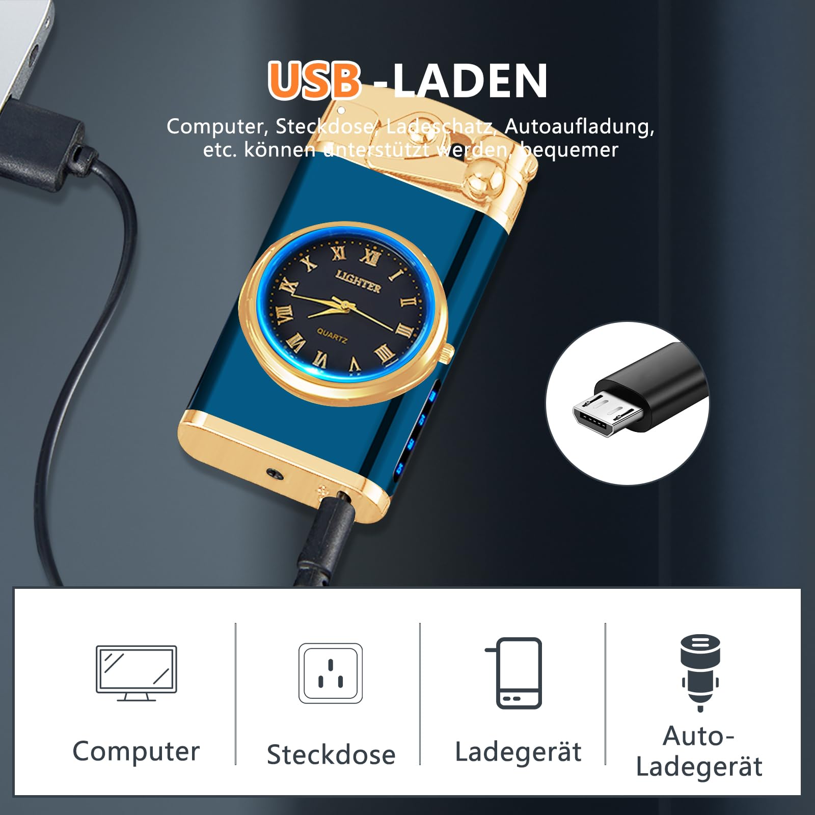 SKRFIRE Briquet électrique à arc plasma, coupe-vent, rechargeable par USB, avec véritable cadran de montre, affichage LED et indicateur de batterie, boîtier en métal pour camping, barbecue, bougie