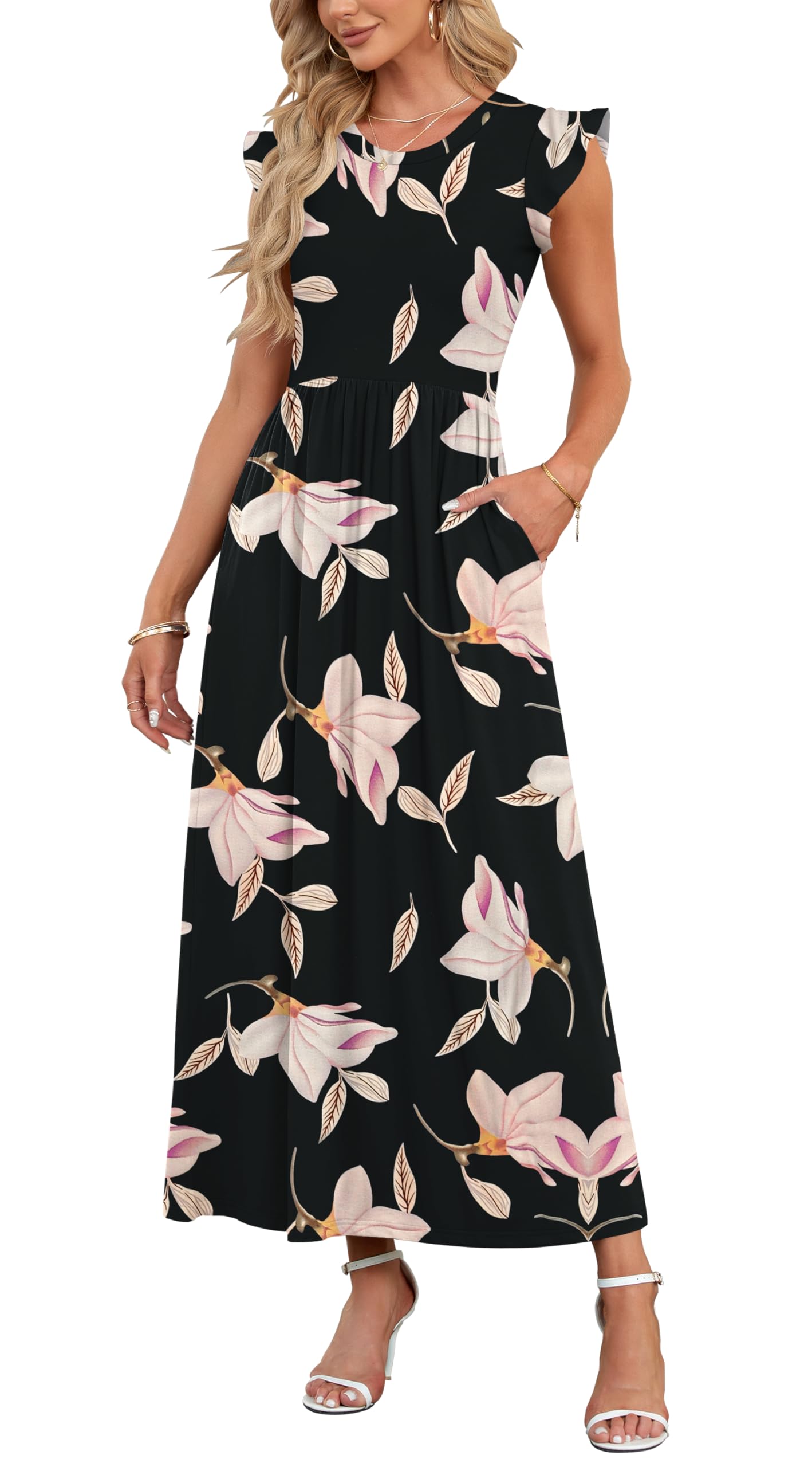 AUSELILY Damen Sommer Rundhalsausschnitt Maxi Kleid mit Taschen Kurzarm und Rüschen Lässiges Hohe Taille Langes Lockeres Bodenlanger Rock
